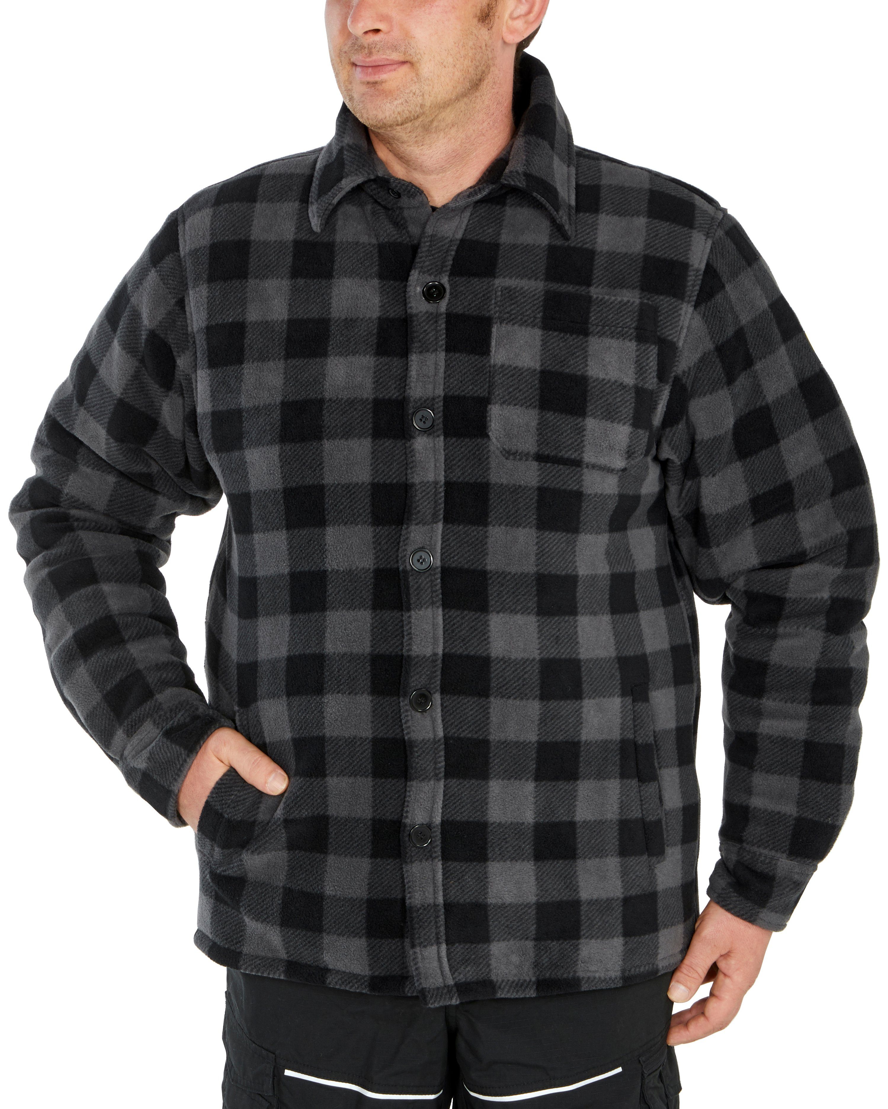 Northern Country Flanellhemd (als Jacke warm zu grau-schwarz mit Taschen, 5 mit zugeknöpft tragen) Rücken, gefüttert, Hemd offen oder verlängertem Flanellstoff