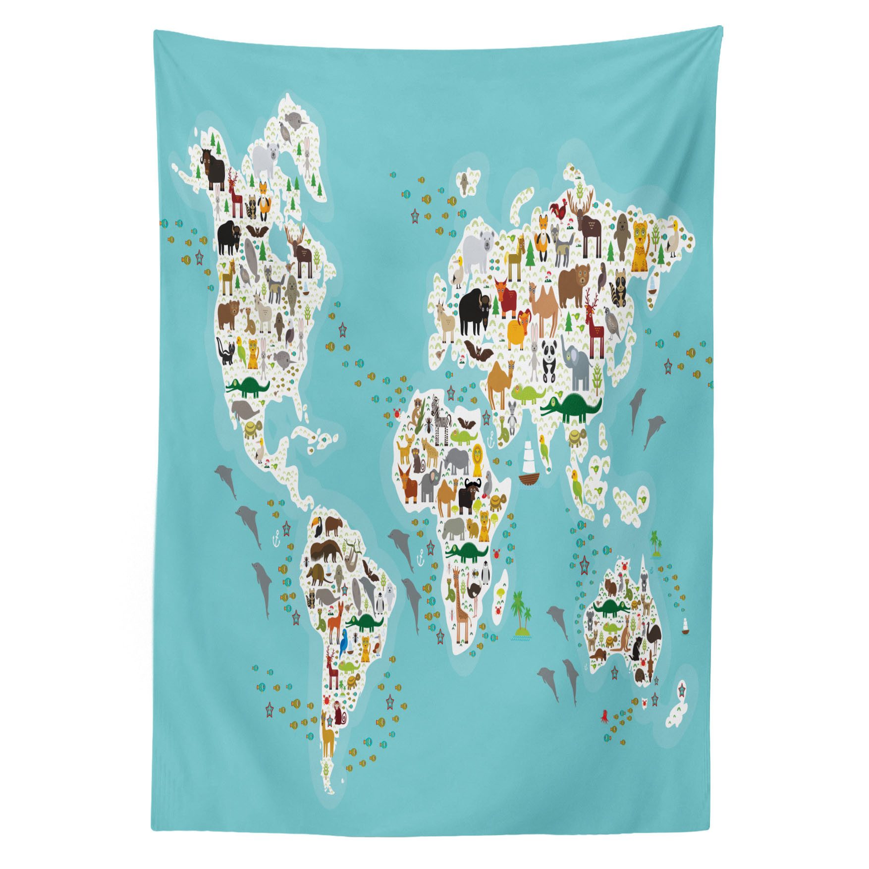 Abakuhaus Tischdecke Farbfest Waschbar Für den Außen Bereich geeignet Klare Farben, Tierwelt Weltkarte Lokale Tier