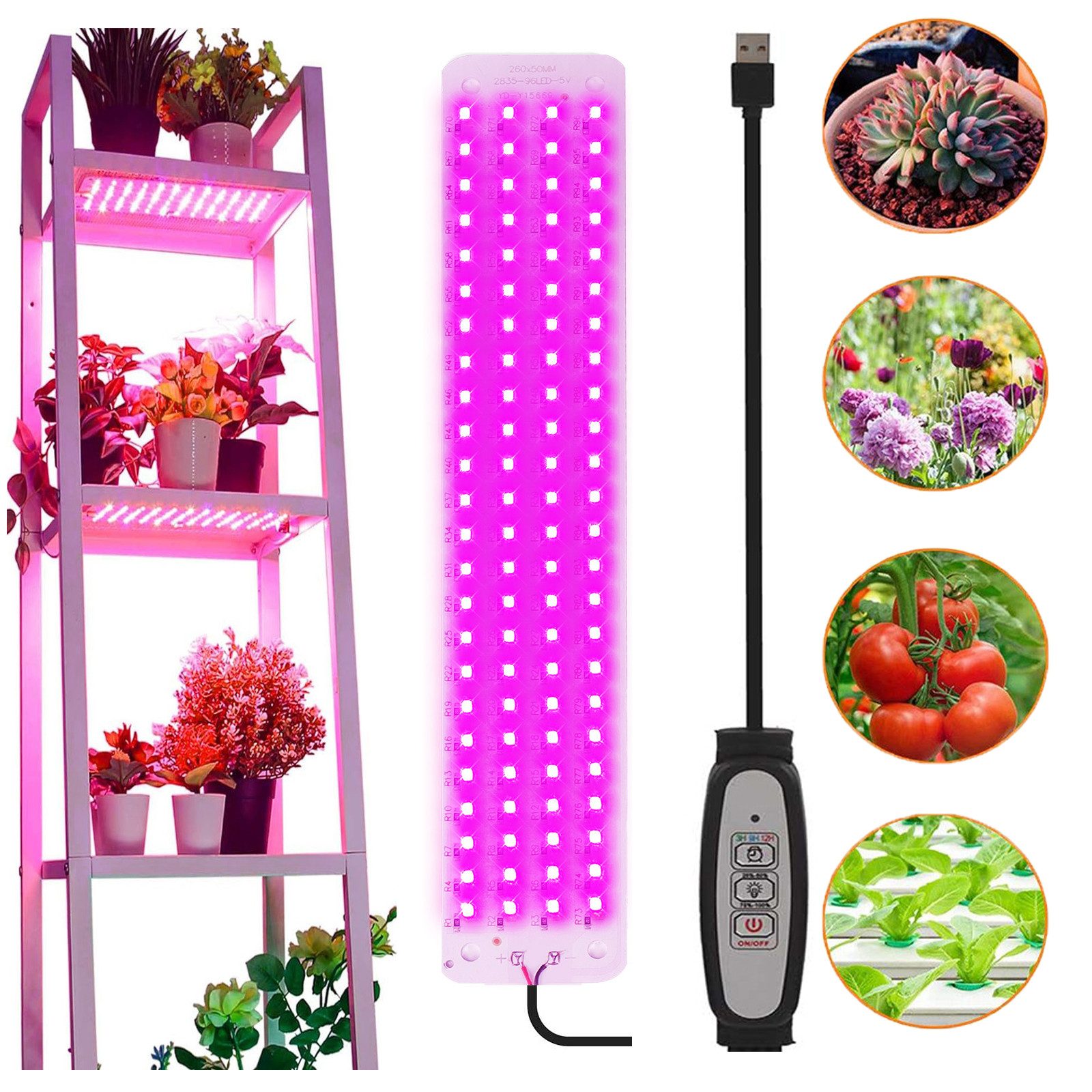 Jibenhome Pflanzenlampe 26 x 5 cm USB LED Pflanzenlampe 1/2/3/4 Panels Timer, Dimmbare, 96 LEDs, Pink-violett-1 Panel, 4.5 W/9 W/13.5 W/18 W