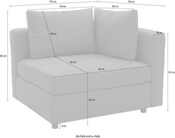 DOMO collection Sofa-Eckelement Solskin, individuell erweiterbar/kombinierbar, mit losen Kissen. Rücken- und Seitenteile als Stecksystem.