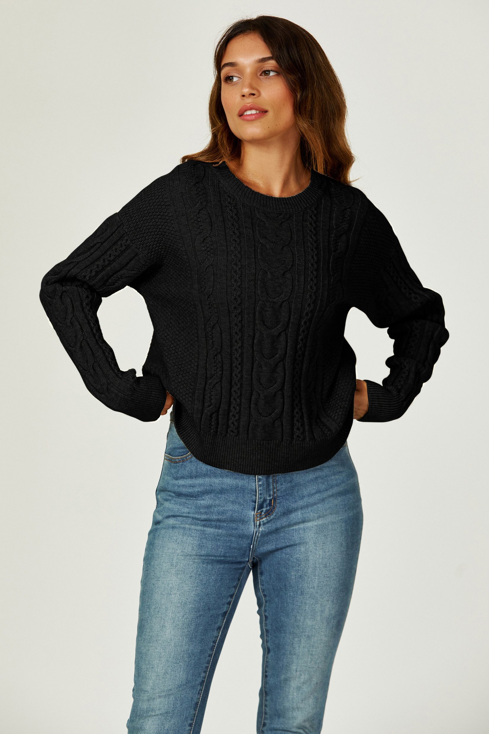 FS Collection Strickpullover Damen Strickpullover Rundhalspullover -Zopfmuster Rundhalsausschnitt (Einheitsgröße: UK 8–16 / EU 36–44, 4 Farben : Schwarz, Dunkelgrau, Rosa und Taupe) 18 % Wolle, 56 % Viskose und 26 % Polyester