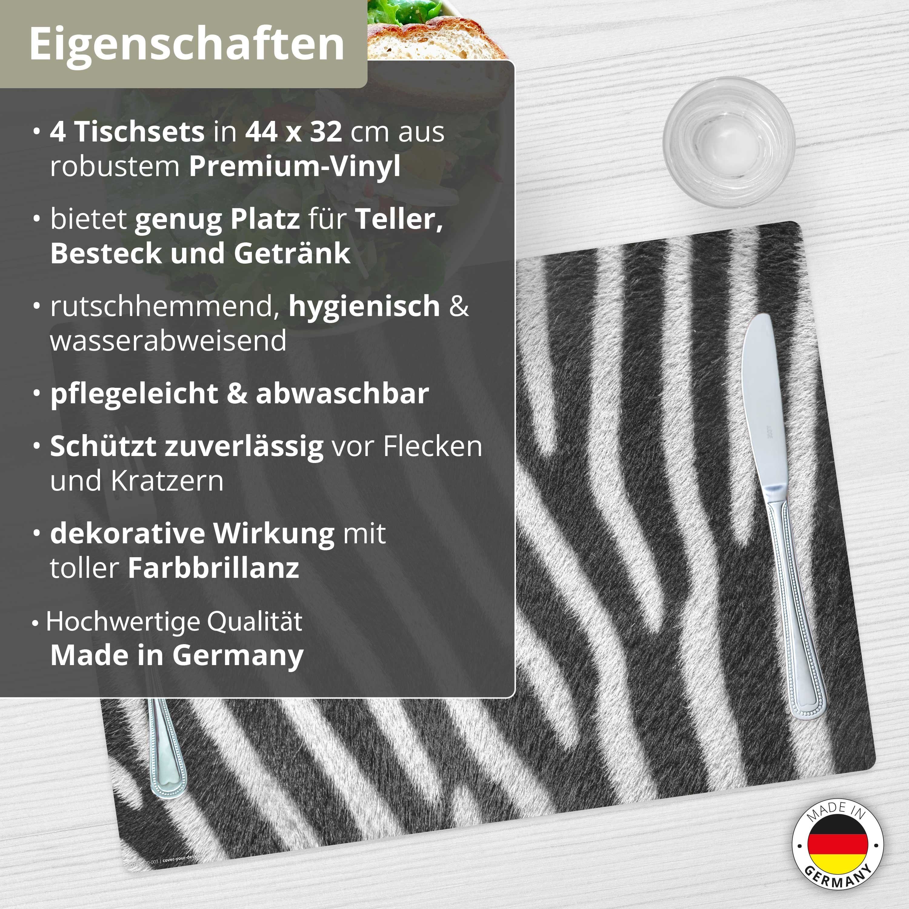 cover-your-desk.de Platzset Tischsets I Platzsets abwaschbar - Zebra Muster, (aus erstklassigem Vinyl (Kunststoff – BPA-frei), 4-St., 44 x 32 cm - rutschfeste Tischdekoration), Made in Germany
