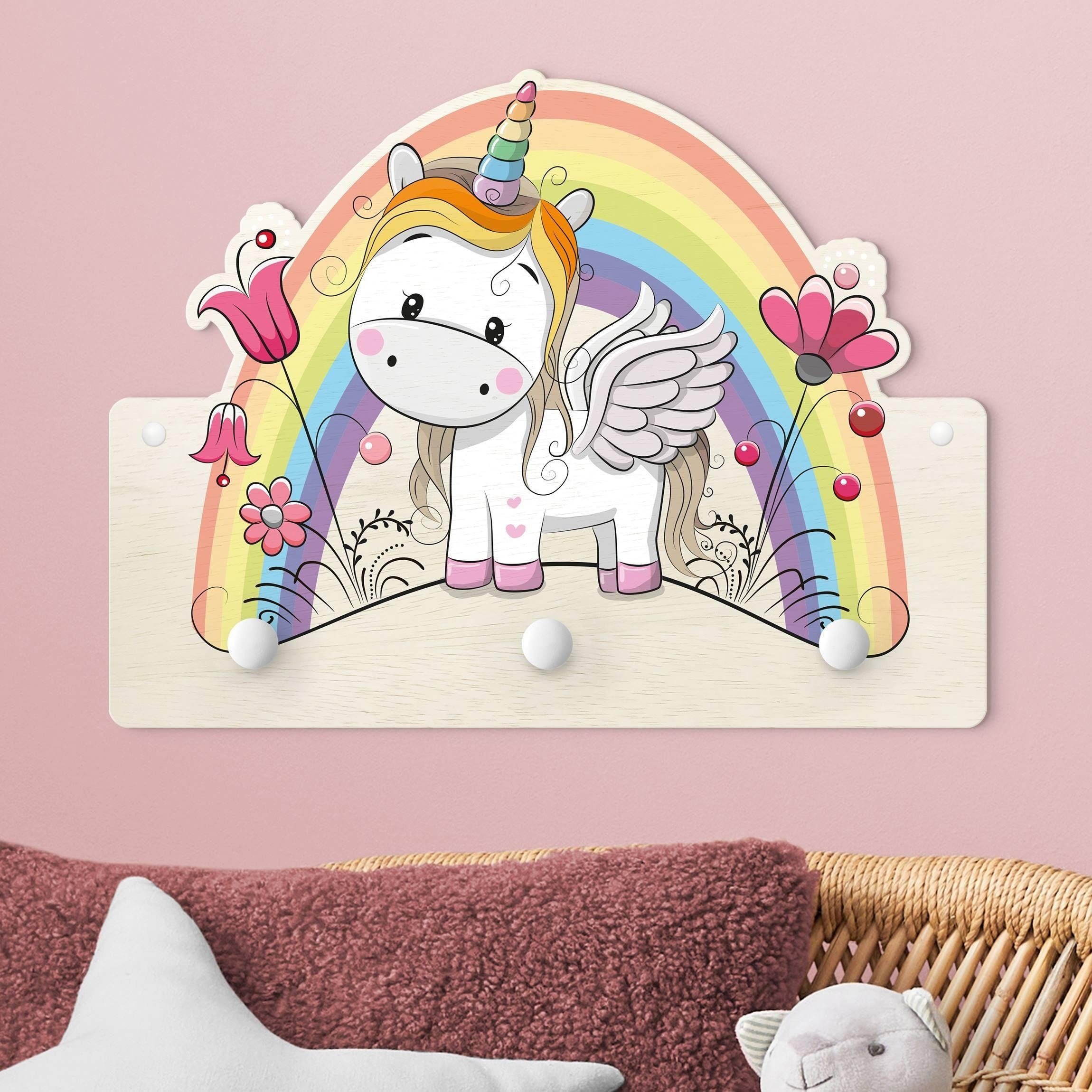 Bilderdepot24 Garderobenpaneel pastell Tiere Regenbogen Einhorn (Kindergarderobe holz Kleiderhaken für die Wand inkl. Montagematerial), moderne Wand Garderobenleiste Flur - kleine Hakenleiste Kinderzimmer