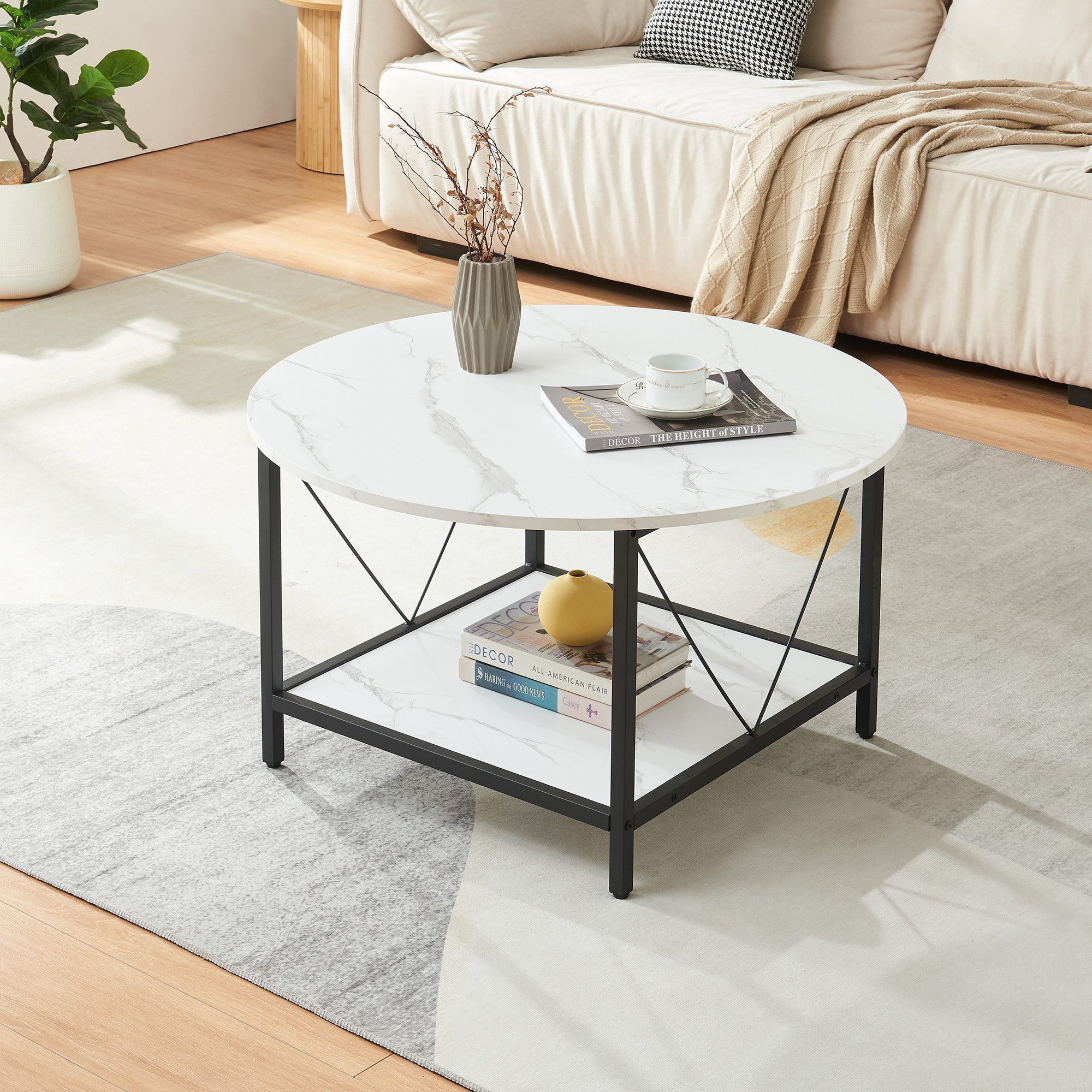 en.casa Couchtisch, »Filem« mit Ablage Ø80 x 46 cm Metallgestell Marmoropti günstig online kaufen