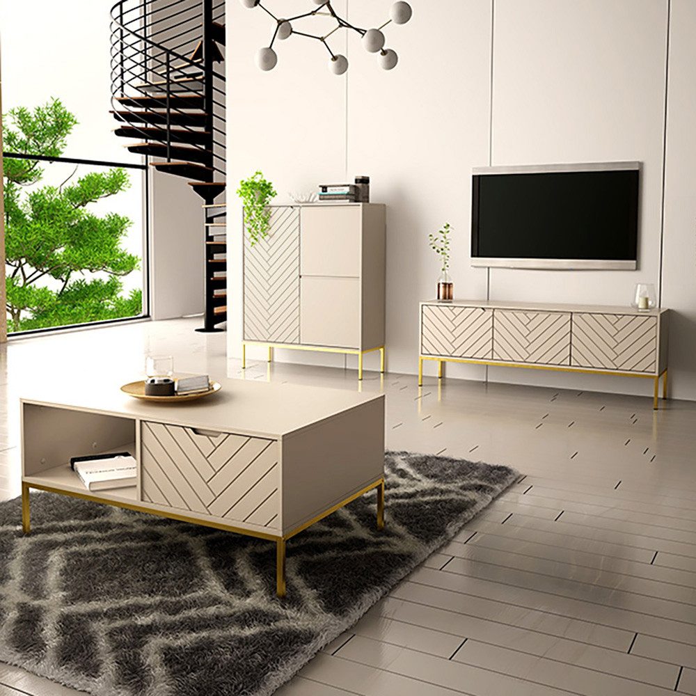 Lomadox Wohnzimmer-Set ANGERA-140, (Mega-Spar-Set, 3-St., Lowboard Couchtisch Kommode), modern in kaschmir mit Fischgrät Design und goldfarbenem Metallgestell