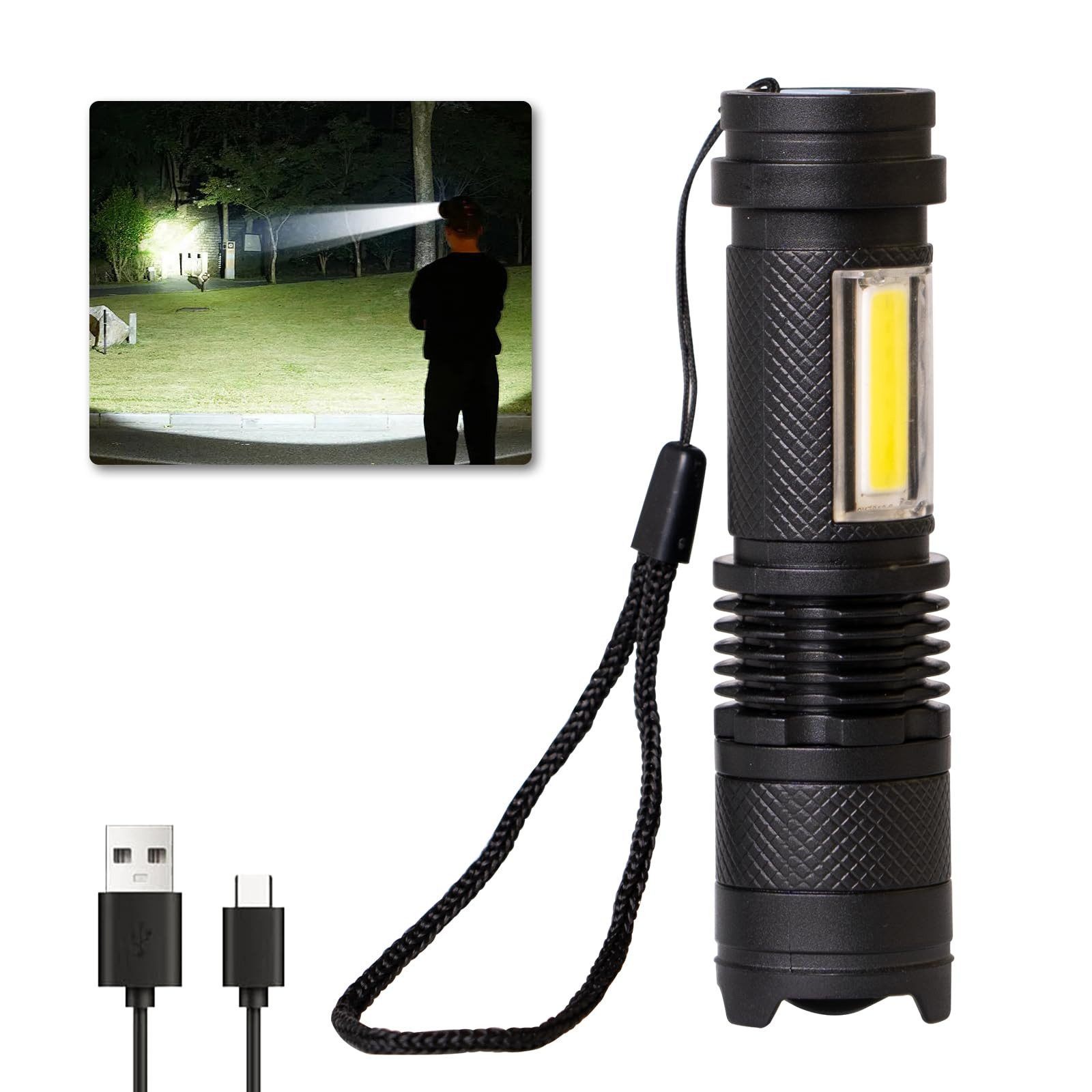 LQWELL Taschenlampe Mini Taschenlampe LED USB C Aufladbar, Zoombares Taschenlampen Klein (1-St., mit 3 Lichtmodi, Tragbare Hand Flashlight), für Camping, Wandern, Notfäll, Laufen, Radfahren, Nachtlesen