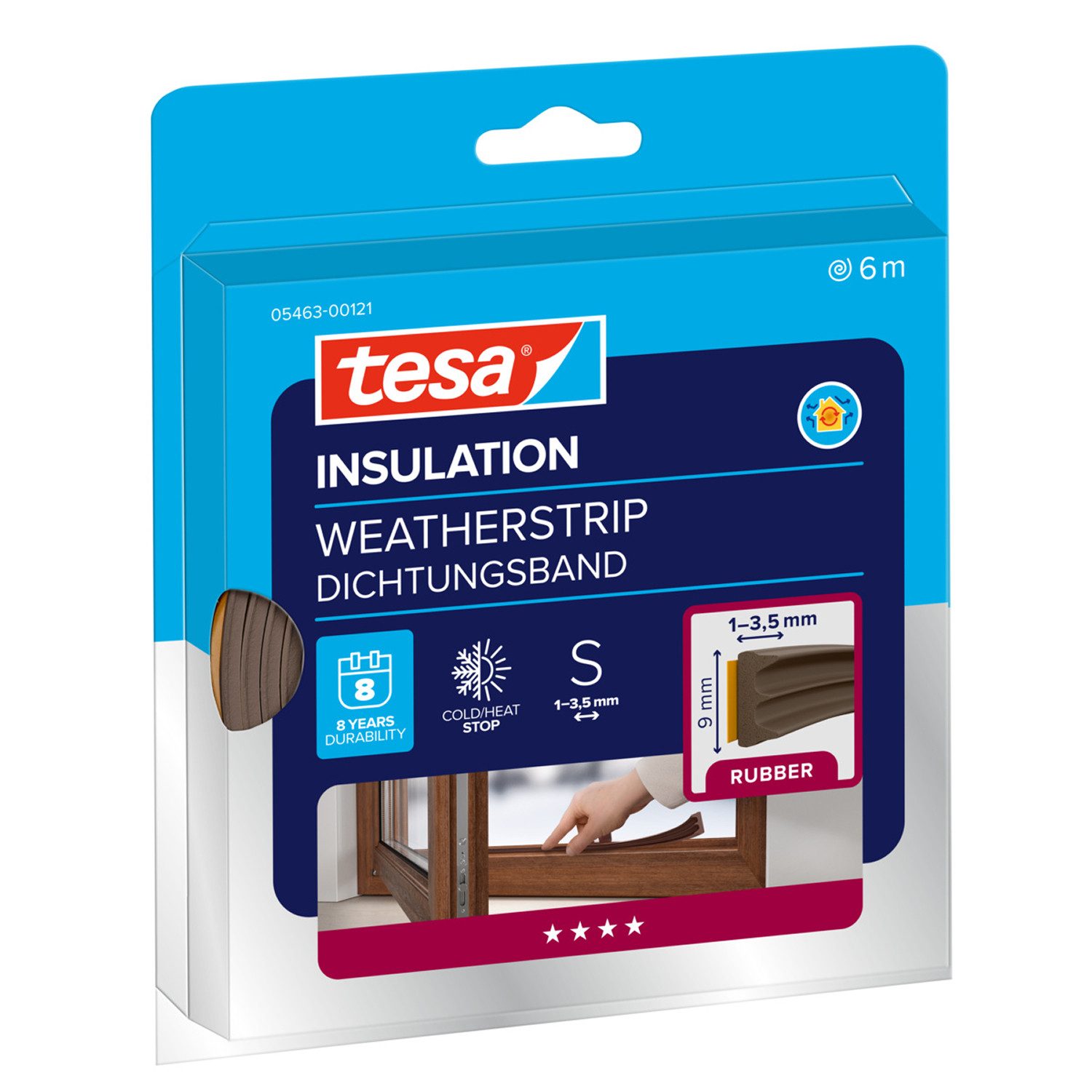 tesa Dichtungsband INSULATION Dichtungsband S -Selbstklebende Gummidichtung, (Packung, 1-St., Dichtungsband S Braun - 6 m x 9 mm x 4 mm), zum Isolieren von Spalten an Fenstern und Türen