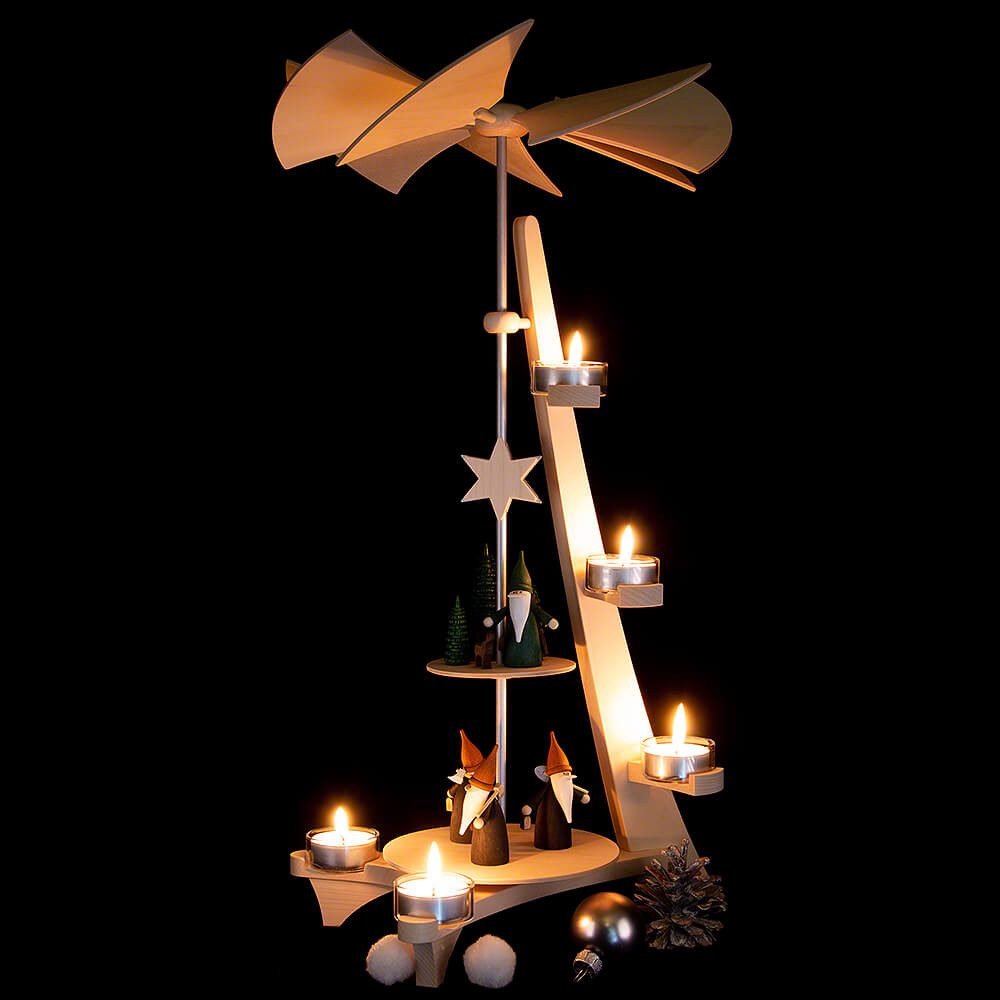 Seiffener Volkskunst Weihnachtspyramide 2-stöckige Pyramide L-Form Bergwichtel und Jägerwichtel (50cm) von Sei