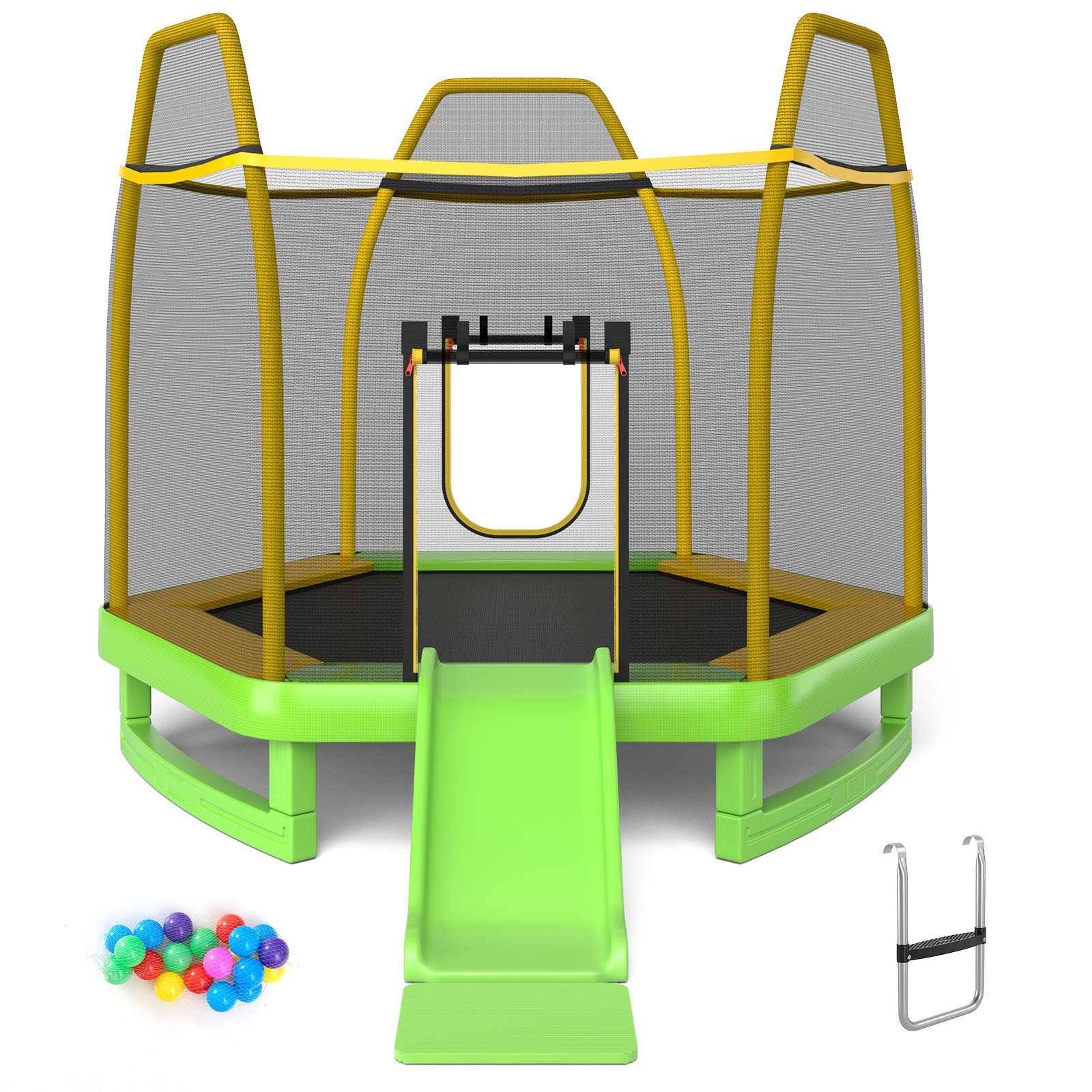 COSTWAY Kindertrampolin Ø223cm Gartentrampolin, mit Leiter & Netz & Ozeanbälle