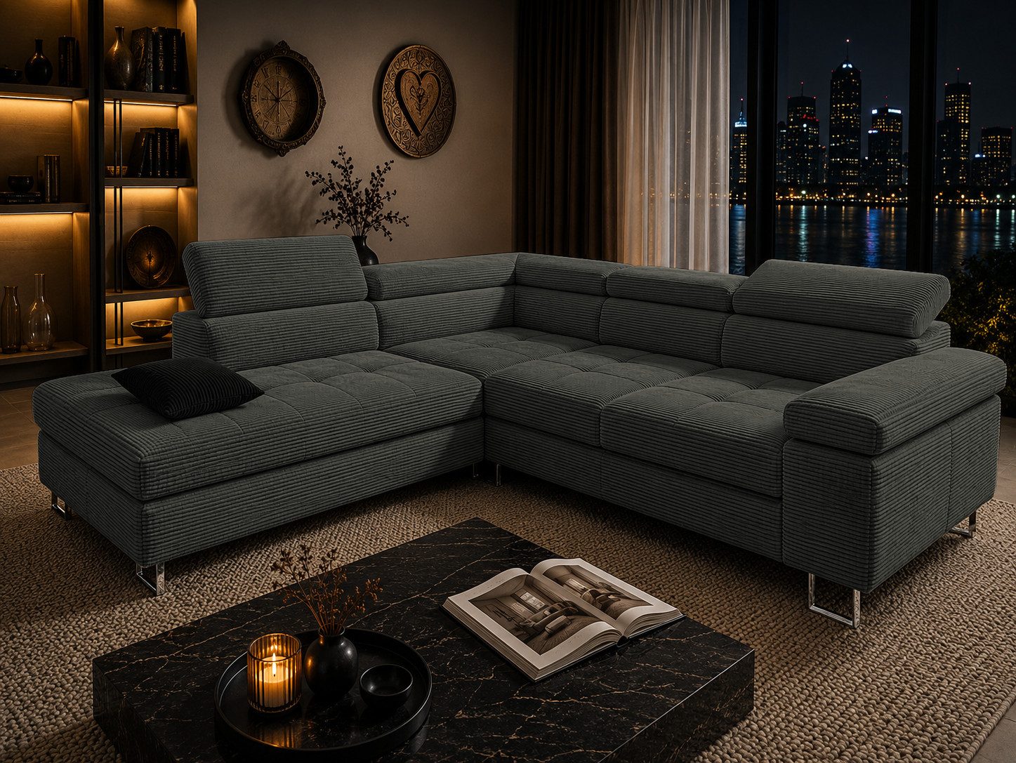 Goldstoff Ecksofa mit Schlaffunktion, Cord Couch für Wohnzimmer - Cord Ecksofa, Cord Sofa VOYAGE 2 Teile, Großer Bettkasten