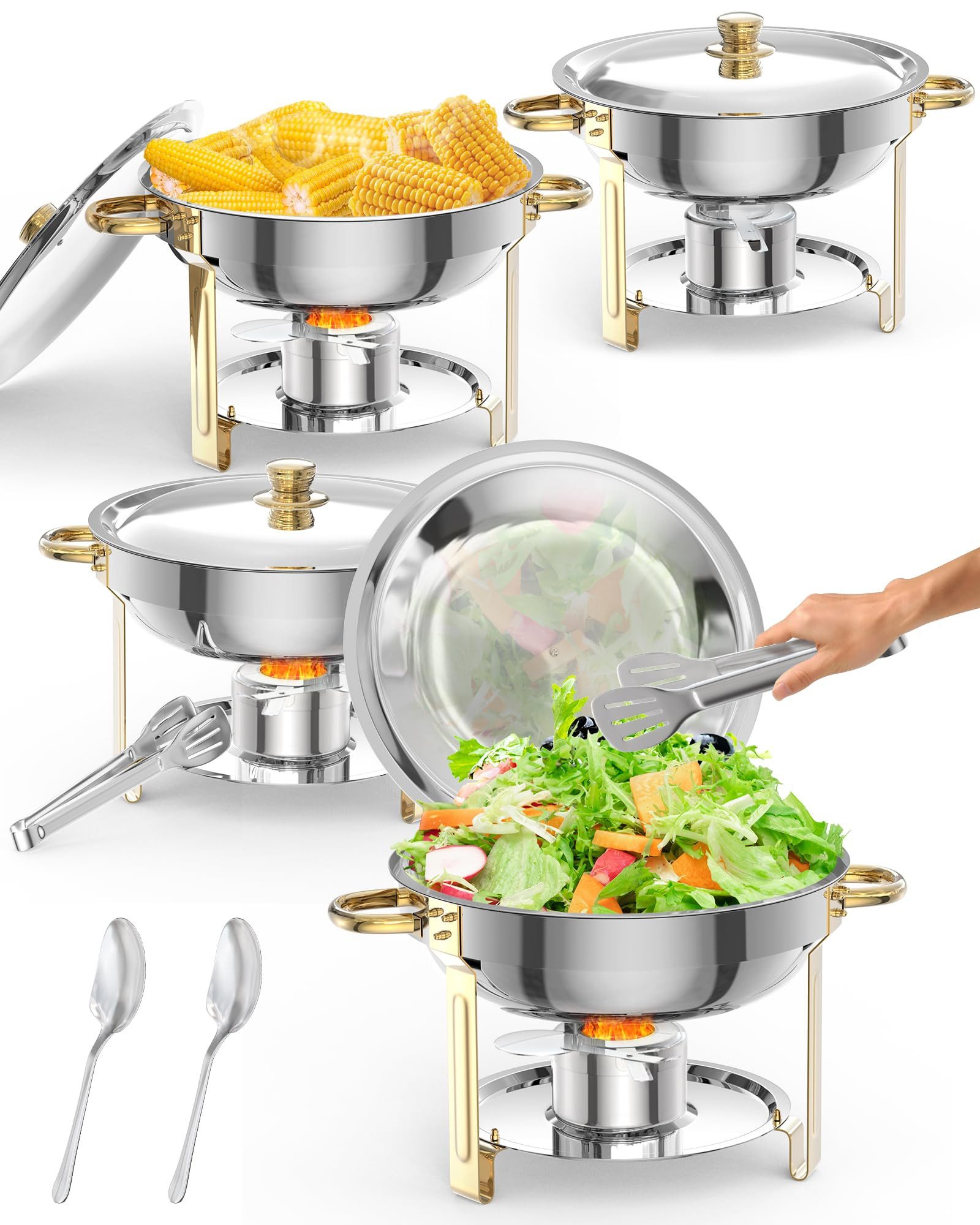 GarveeMore Speisenwärmer Buffet-Wärmer aus 201 Edelstahl für Partys, Hochzeiten, Buffets, (4-tlg), mit Deckel, Wasser- und Speisebehälte, 5L