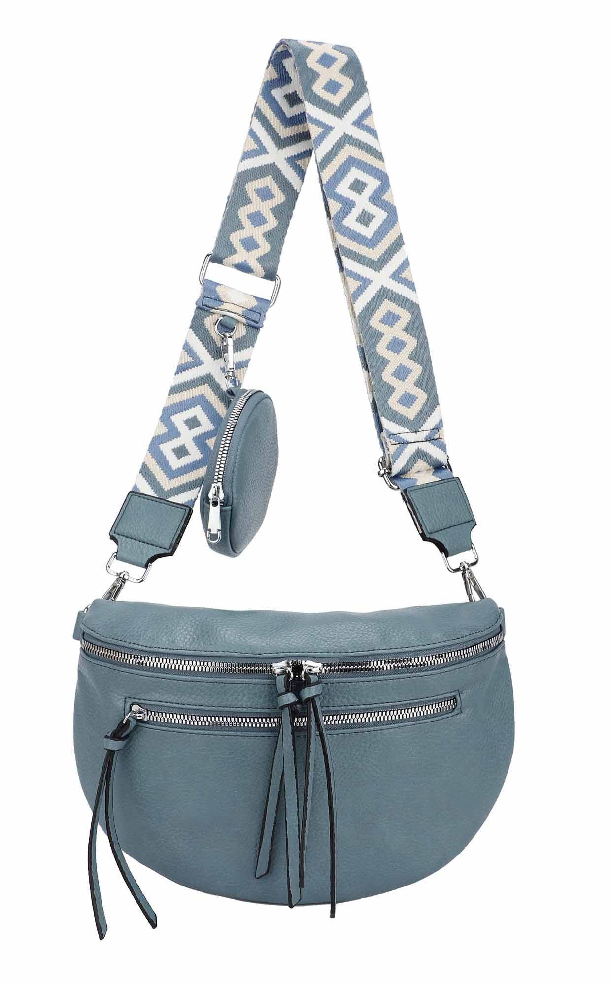 ITALYSHOP24 Bauchtasche Damen Brusttasche Crossover Umhängetasche CrossBody Bag Geldtasche (Spar-Set aus einer Tasche mit einem breitem Muster Stoffgurt/Umhängeband, 1 Tasche + 1 kleine abnehmbare vielseitige Geldtasche als Geschenk), Bodybag, Handytasche, Hüfttasche, Schultertasche, leicht Gewicht