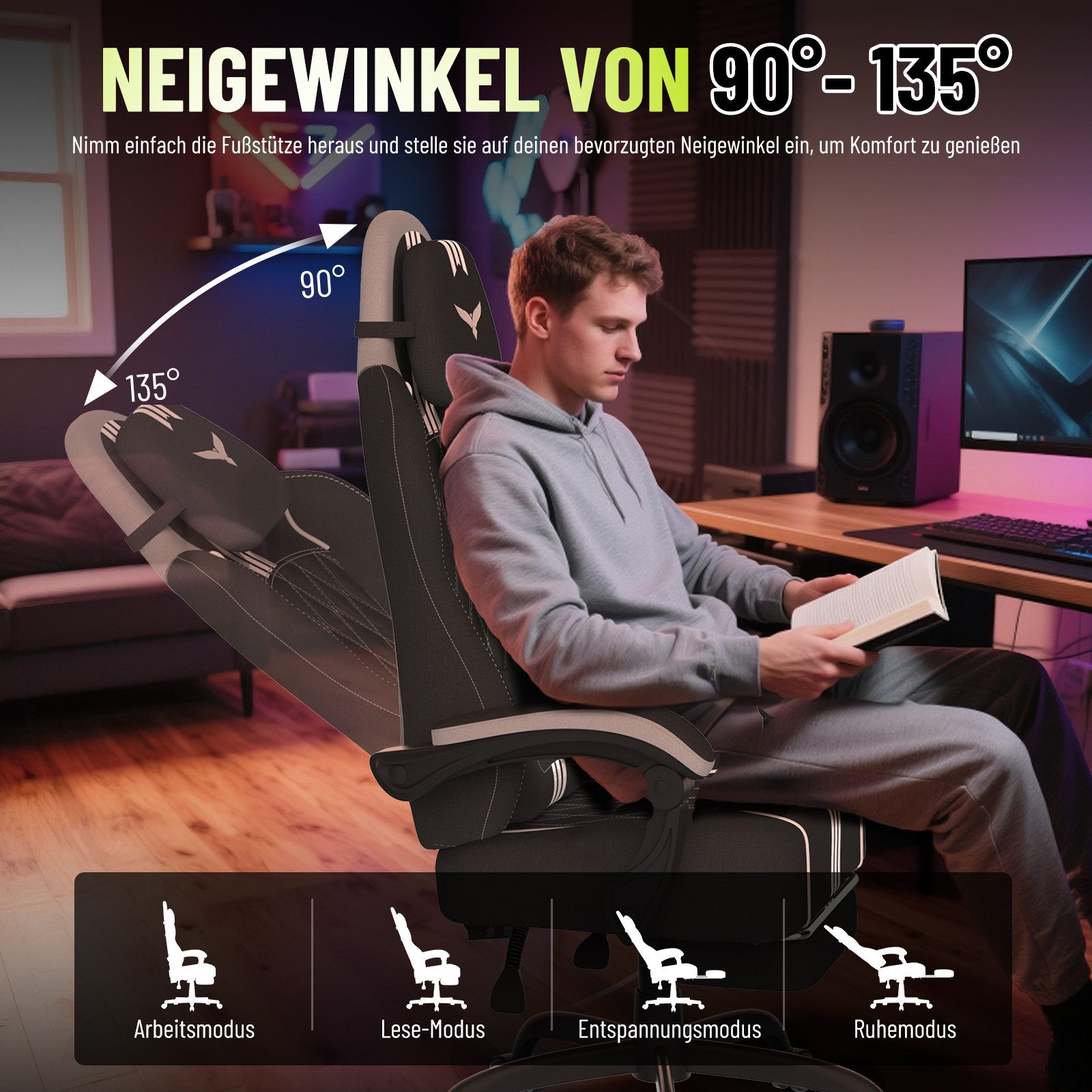 Huracan Gaming-Stuhl Gaming Chair mit Massagefunktion Kopfstütze & Fußstütze, (Gamer Stuhl,Gaming Sessel), Verstellbare Rückenlehne 90-135°,Höhenverstellbar – Bild 4 von 5