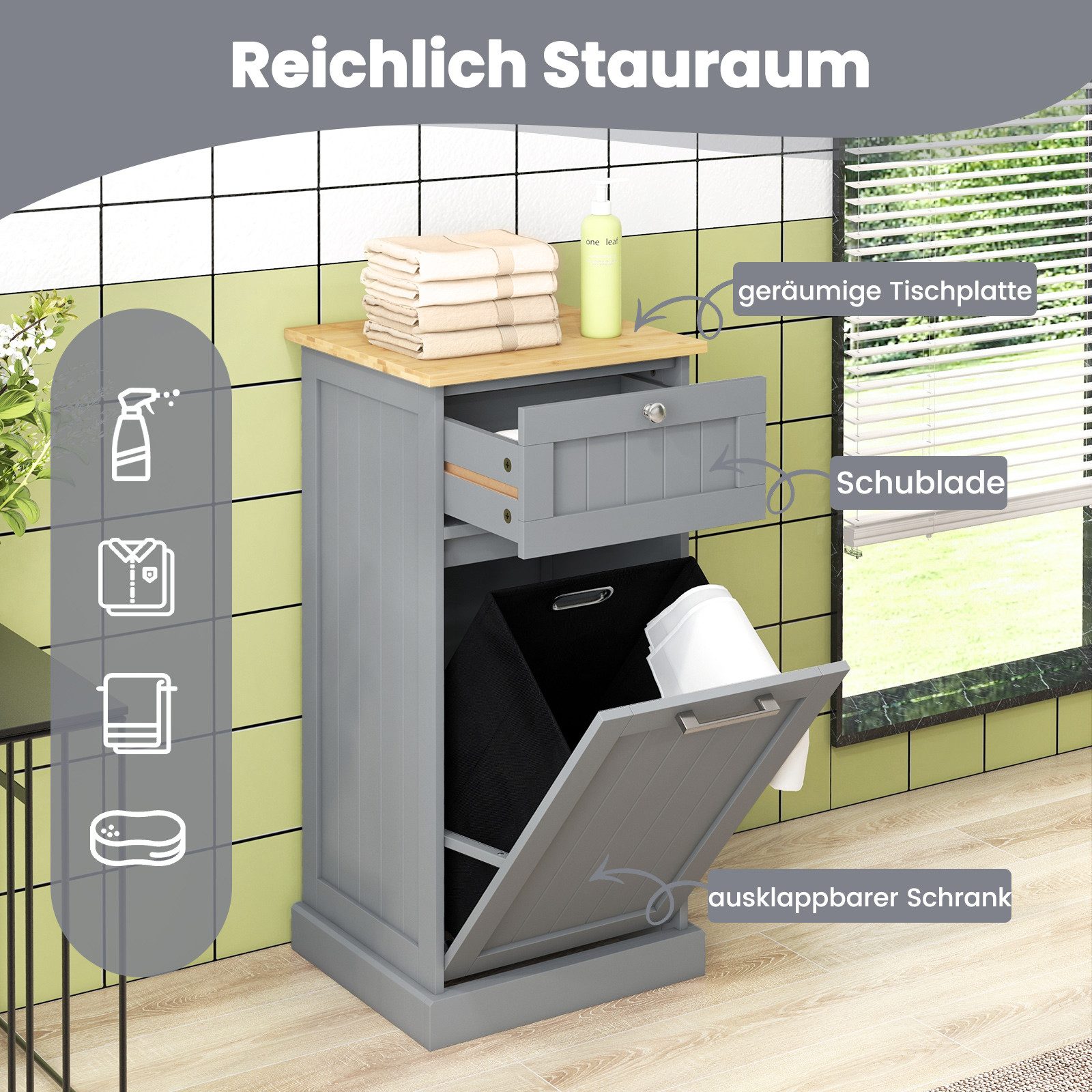 COSTWAY Wäscheschrank mit Wäschekorb & Stauraum, Badezimmerschrank, Weiß
