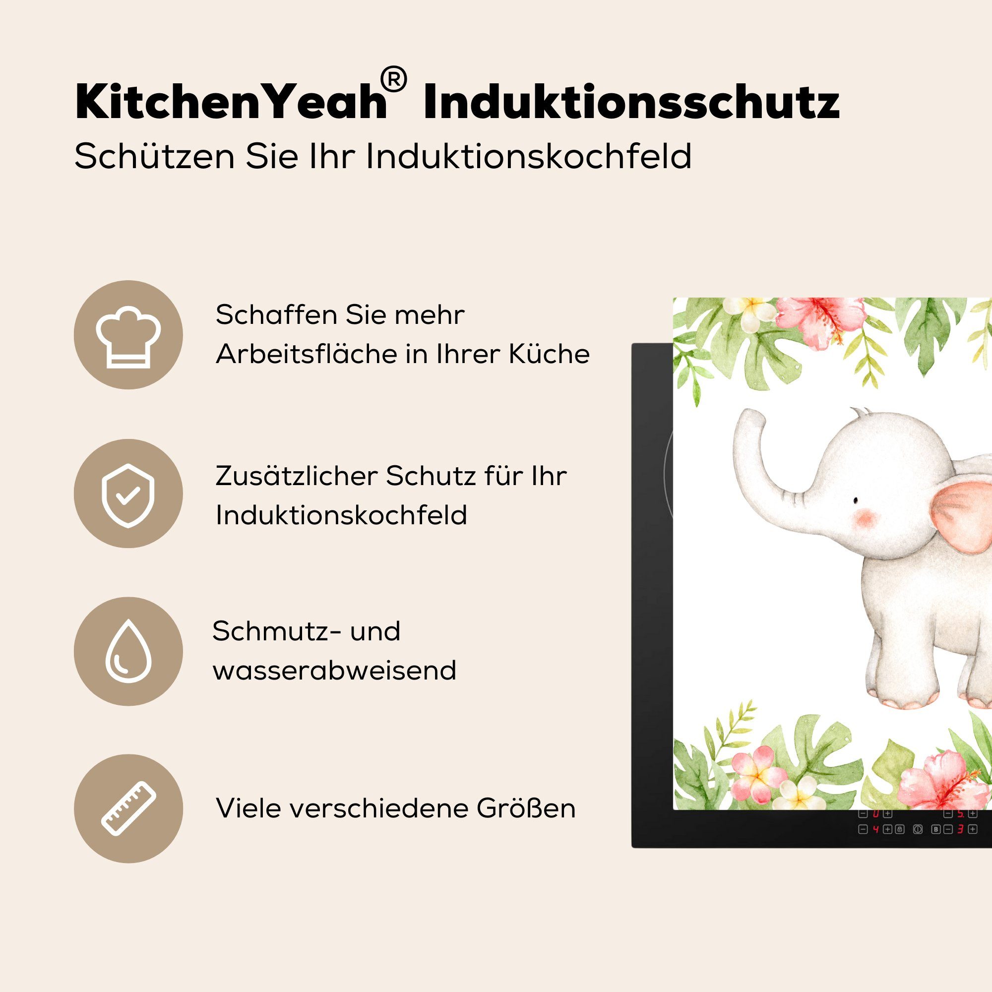 Arbeitsplatte für 78x78 (1 - Herdblende-/Abdeckplatte Vinyl, Elefant Ceranfeldabdeckung, MuchoWow Pflanzen, Aquarellfarbe - tlg), küche - cm, Blumen