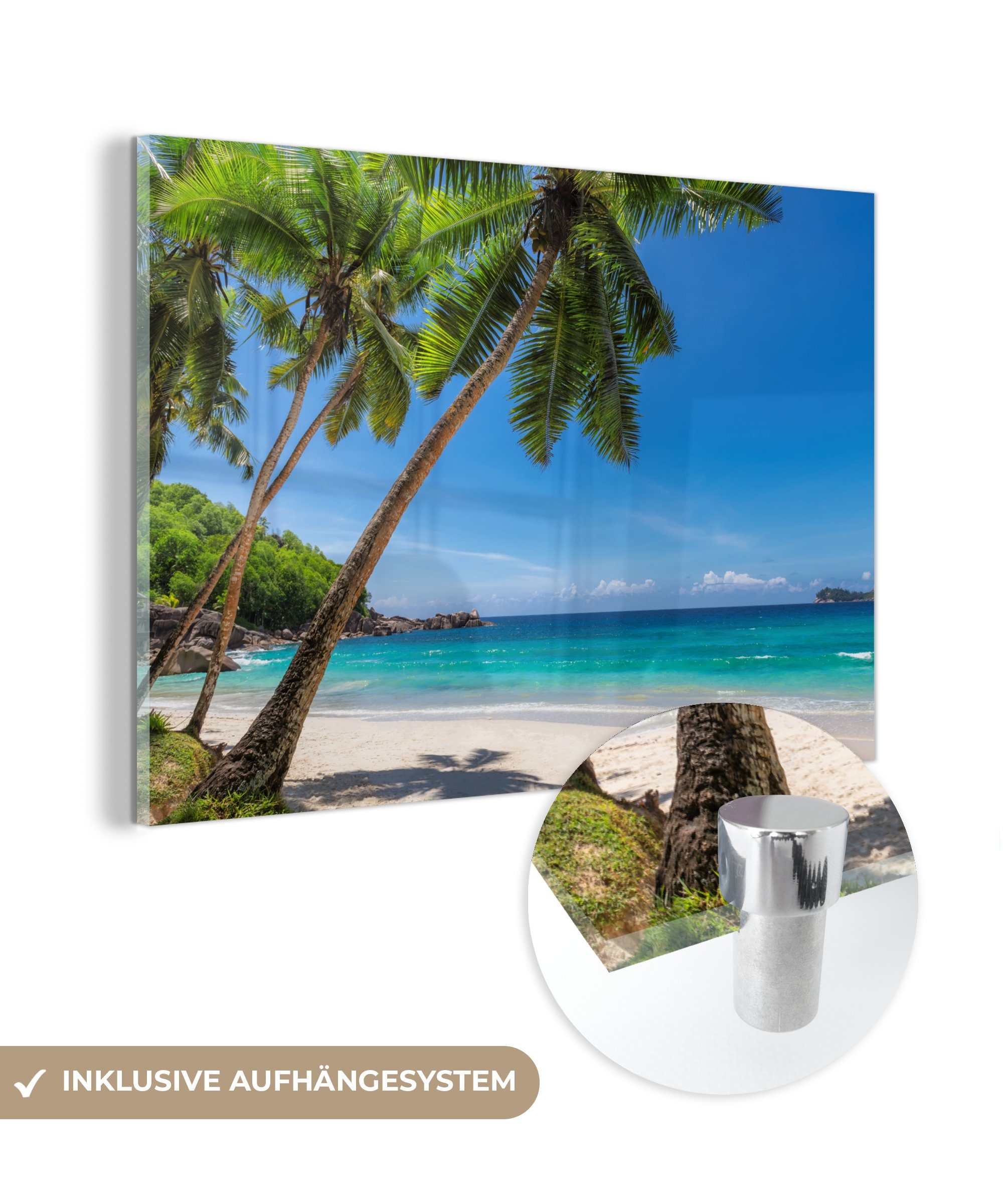 MuchoWow Acrylglasbild Strand - Palme - Meer - Insel, (1 St), Glasbilder - Bilder auf Glas Wandbild - Foto auf Glas - Wanddekoration