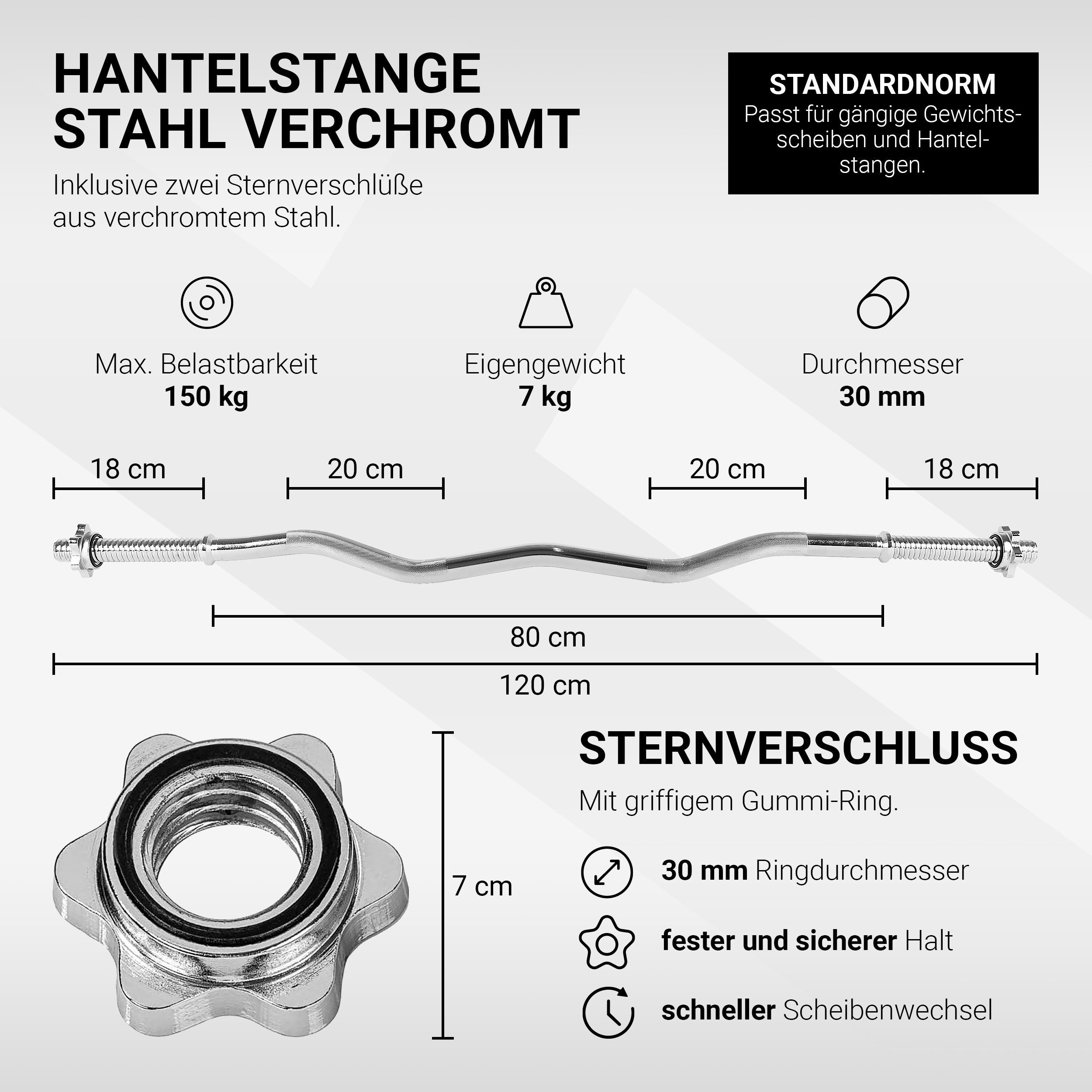 MSports® SZ-Curlstange 120 30mm Curlstange, STANDARDNORM SZ cm Sternverschluss Chrom, mit 