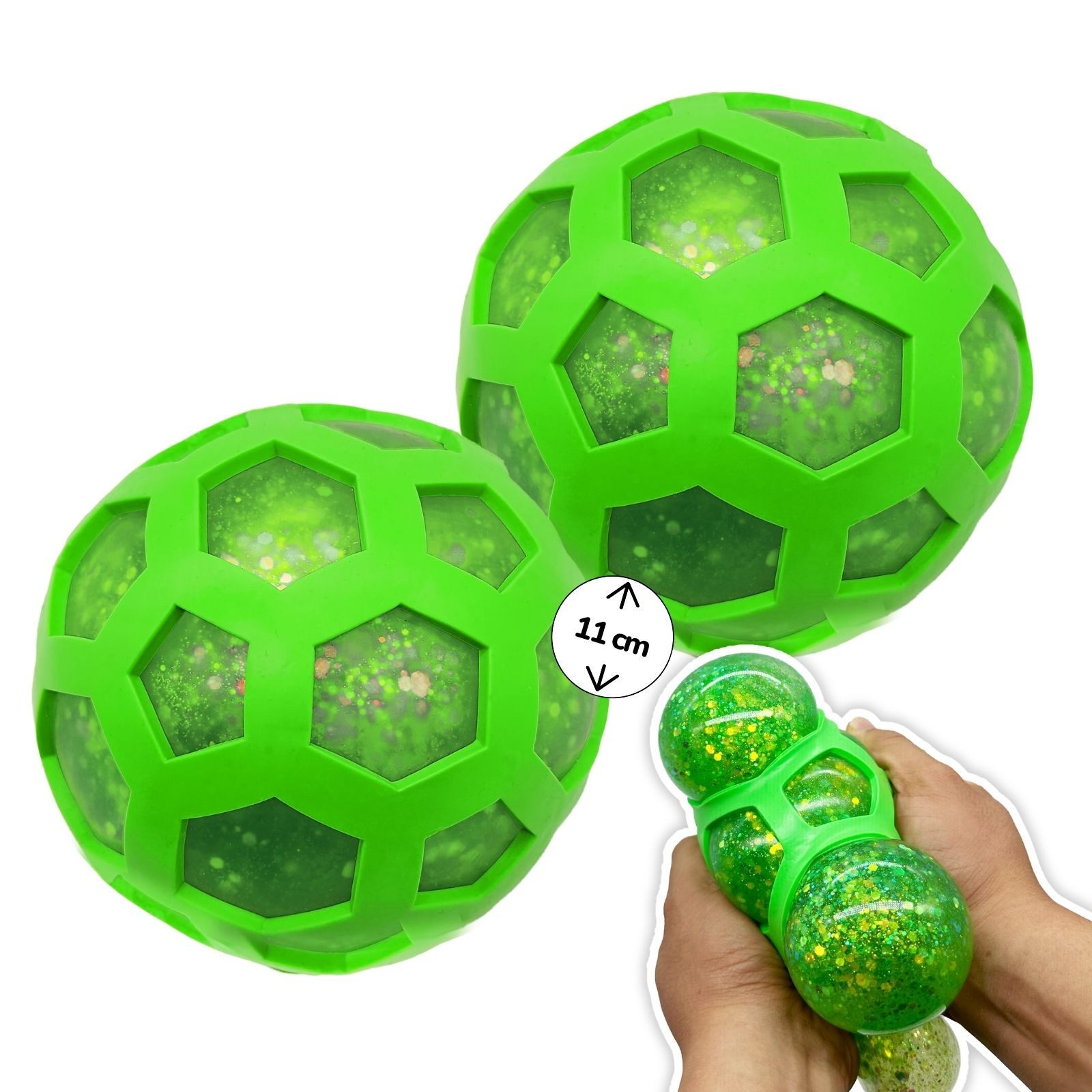 alldoro Spielball 2 XXL Mesh Squishy Anti Stress Bälle, 2 Glibber Knetbälle mit Glitzer, Drücken, Kneten & Spielen, Fidget Toy für Kinder, zuhause & unterwegs