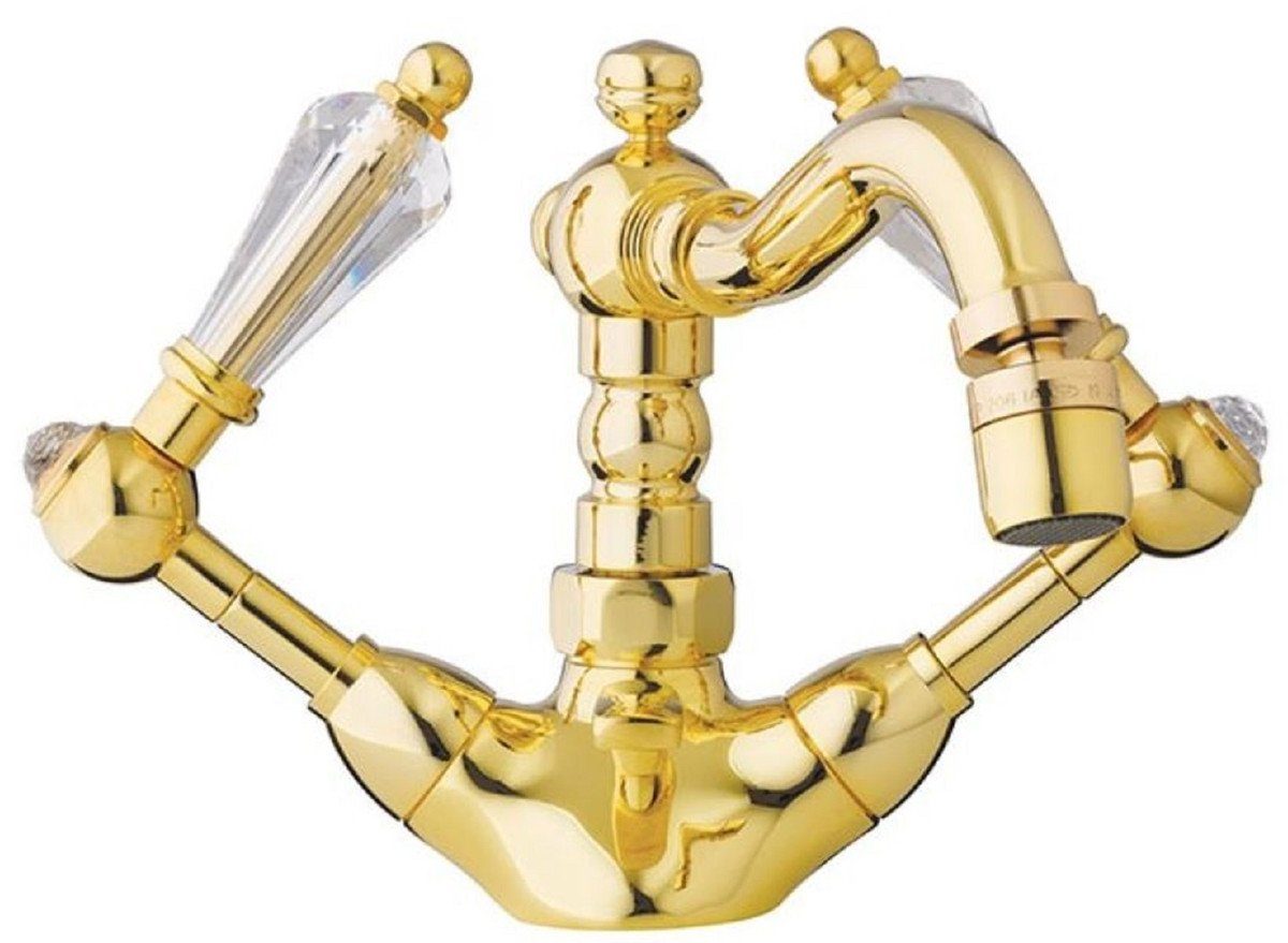 Casa Padrino Waschtischarmatur Luxus Jugendstil Waschtisch Armatur mit Swarovski Kristallglas Gold H. 14,5 cm - Nostalgisches Bad Zubehör - Luxus Qualität - Made in Italy