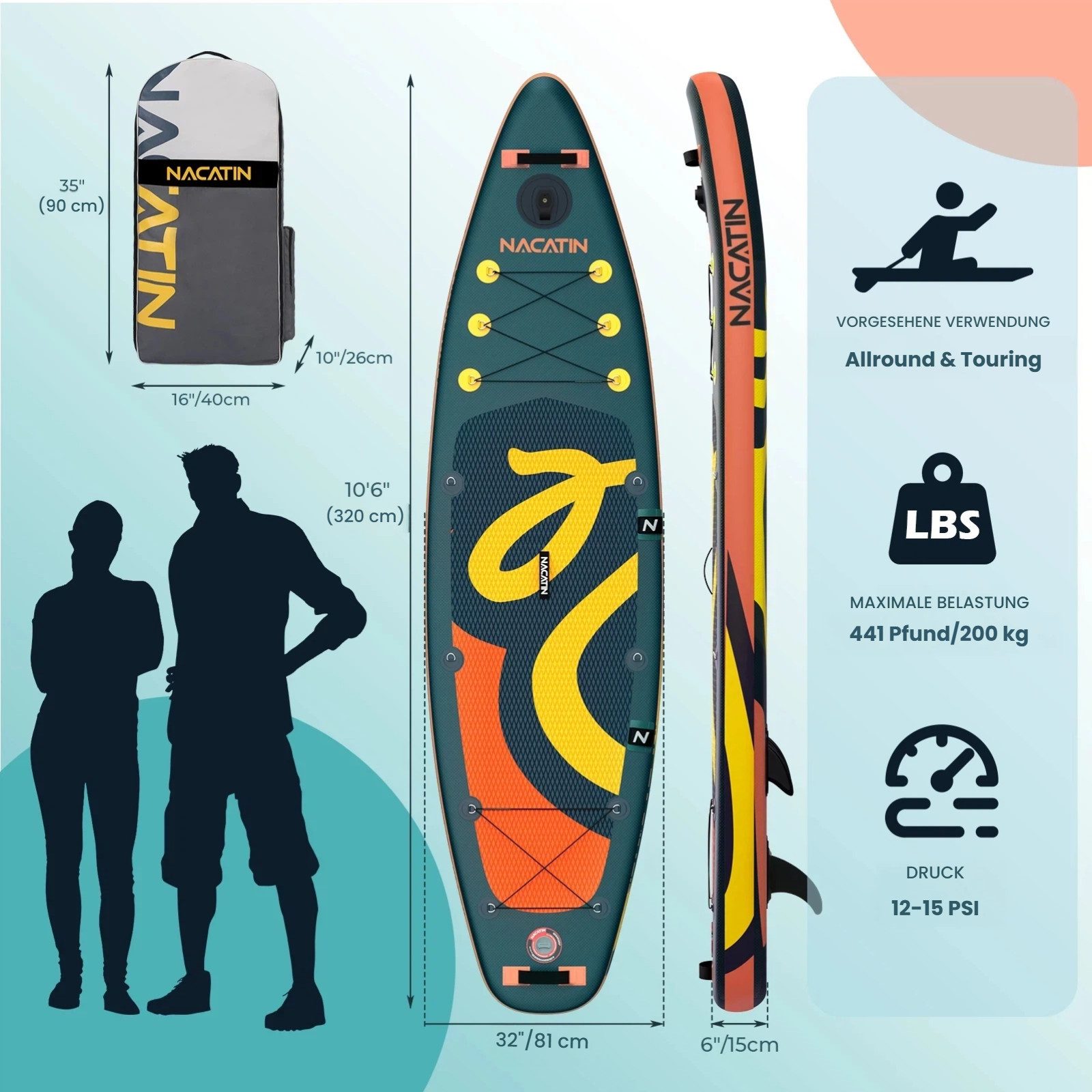 NACATIN Inflatable SUP-Board 10'6" mit Kajaksitz, Zubehör, Paddel, Pumpe, 10L Tasche & Leine, Komplettset für Erwachsene, Bis 200 kg