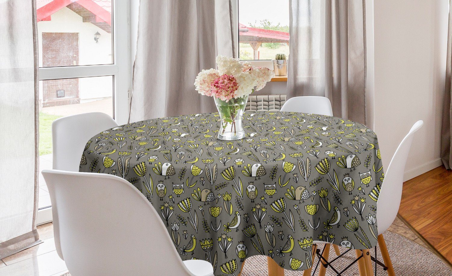 Abakuhaus Tischdecke Kreis Tischdecke Abdeckung für Esszimmer Küche Dekoration, Gelber Vogel Zusammenfassung Avian Tulpen