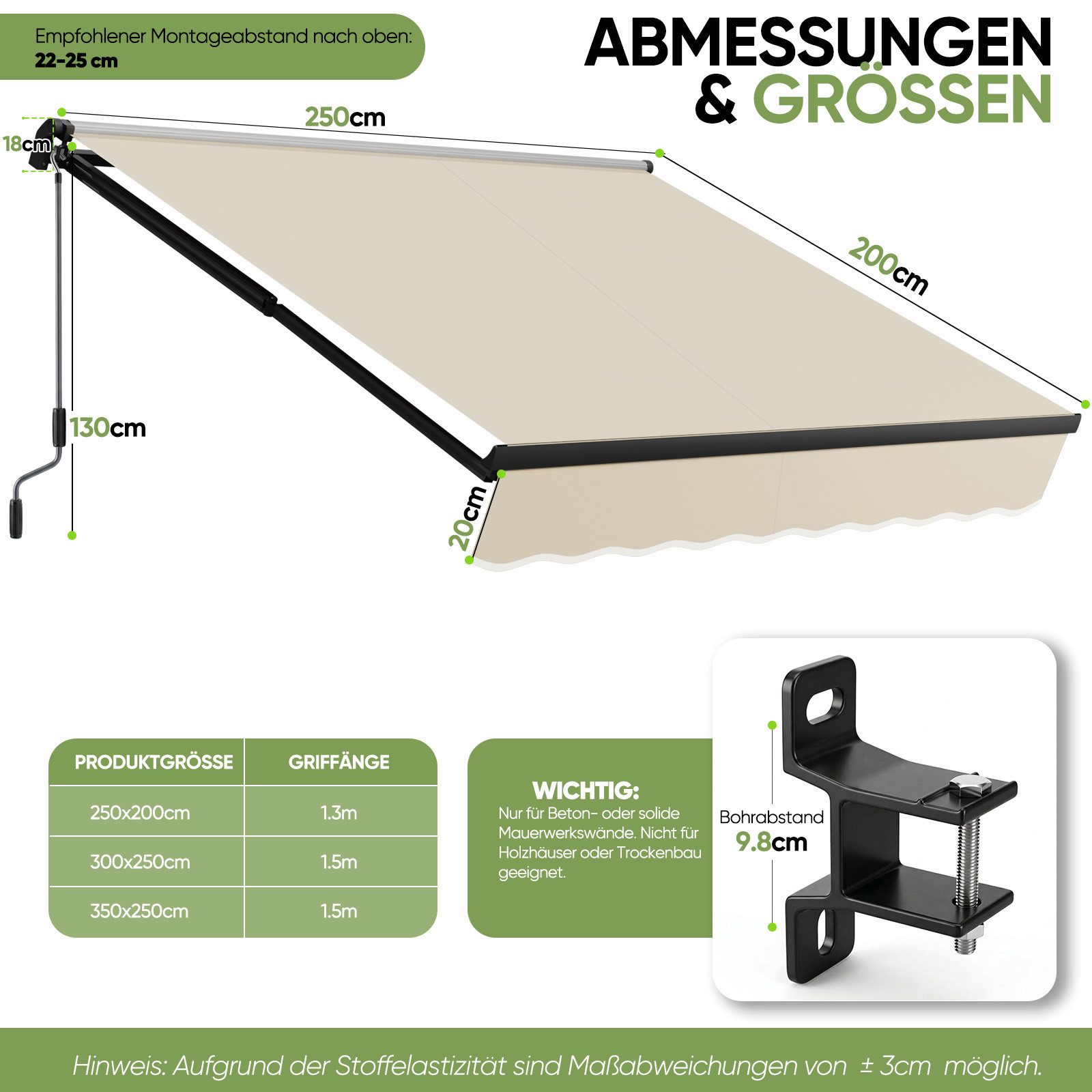 Sekey Gelenkarmmarkise Markise mit Handkurbel Balkon Sonnenschutz verstellbar Aluminium Sonnenmarkise manuelle, Wetterfest,250 × 200 cm, Beige