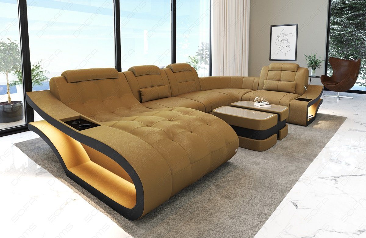 A mit Bettfunktion Couch, gold-schwarz Wohnlandschaft Dreams Elegante Polster U Sofa Form Sofa wahlweise - Stoffsofa Stoff
