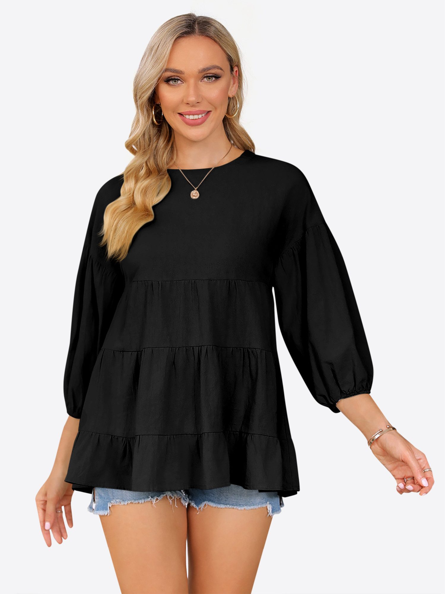 Imily Bela Blusenshirt Damen 3/4-Ärmel Puffärmel Rundhals Loose Top Babydoll (Packung, 1-tlg., 1per-Pack) aus Baumwolle in Unifarbe