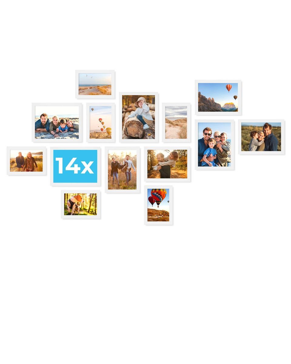 PHOTOLINI Bilderrahmen Sets in verschiedenen Formaten, MDF Holz, Acrylglas & Zubehör, für 14 Bilder (14er Set), Posterrahmen 14er Set No.2 zum Aufhängen oder Aufstellen