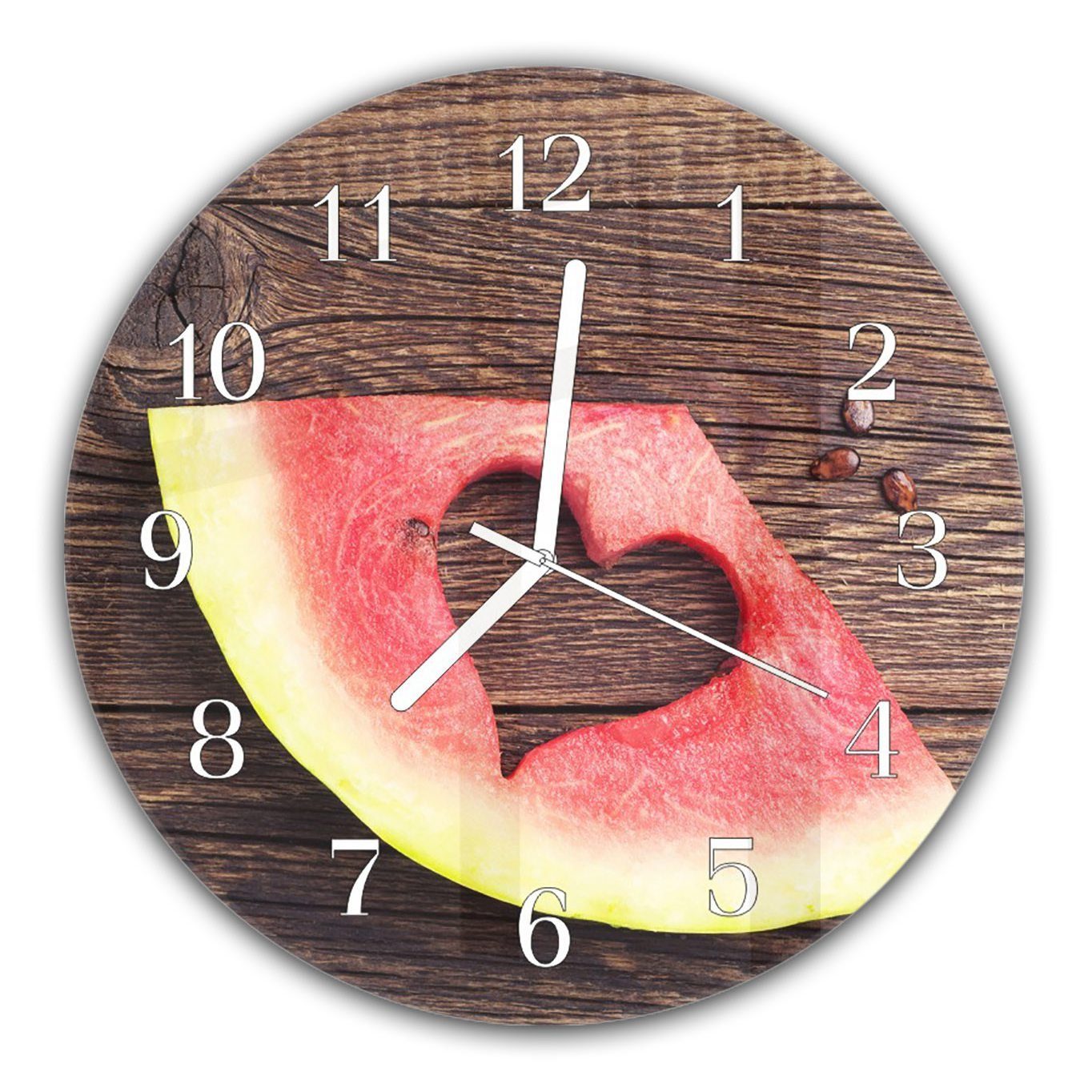 Primedeco Wanduhr Wanduhr aus Glas mit Motiv Wassermelone in Herzform - Rund mit Durchmesser 30 cm und Quarzuhrwerk