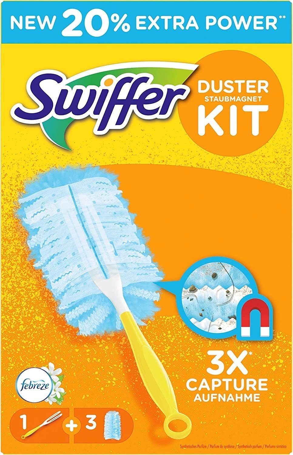 Swiffer Staubwedel Swiffer DUSTER Staubmagnet Stauwischer entferner mit Febreze Frische, Staubwedel + 3 Tücher