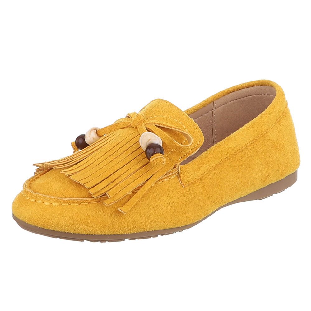 Ital-Design Eleganter Mokassin für Damen mit fransigem Design Slipper (91554634) Flach Mokassins in Gelb