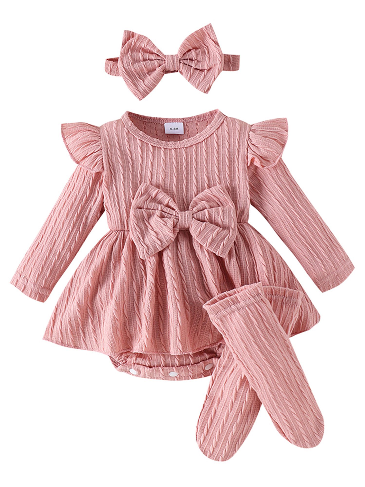 Gluckids Strampler Neugeborenes Rüschen Overall Outfits Langarm Babykleidung mit Schleife (3-tlg., (Strampler + Stirnband + Socken) Baby Mädchen Einfarbig Jacquard Bodysuit Täglich Casual Strampelanzüge