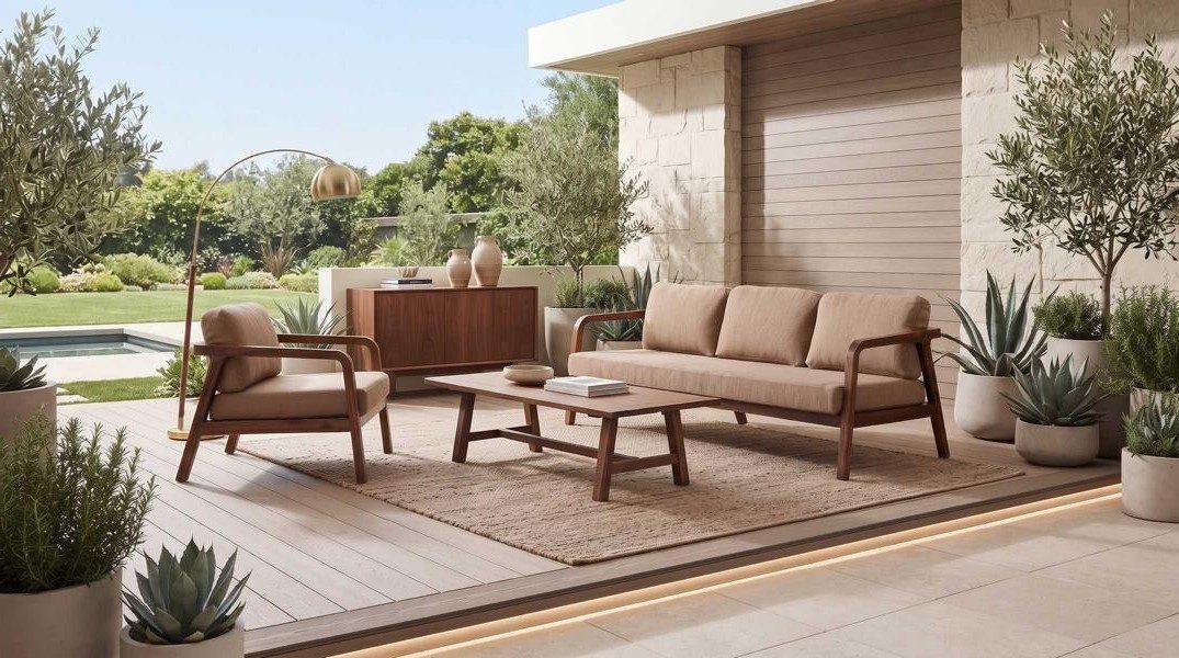 Xlmoebel Gartenlounge-Set Terrasse 3-Sitzer Gartensofa Beige Holzgestell mit Couchtisch, (Sofa-Set, 1-tlg., 1-tlg)