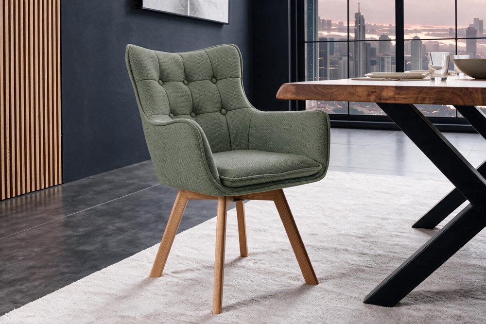 riess-ambiente Drehstuhl THOR grün/natur - Strukturstoff, Eichenholz, 360° drehbar, Armlehne (Einzelartikel, 1 St), Retro-Polsterstuhl - ideal für Ess-, Arbeits-, Wohnzimmer und Büro