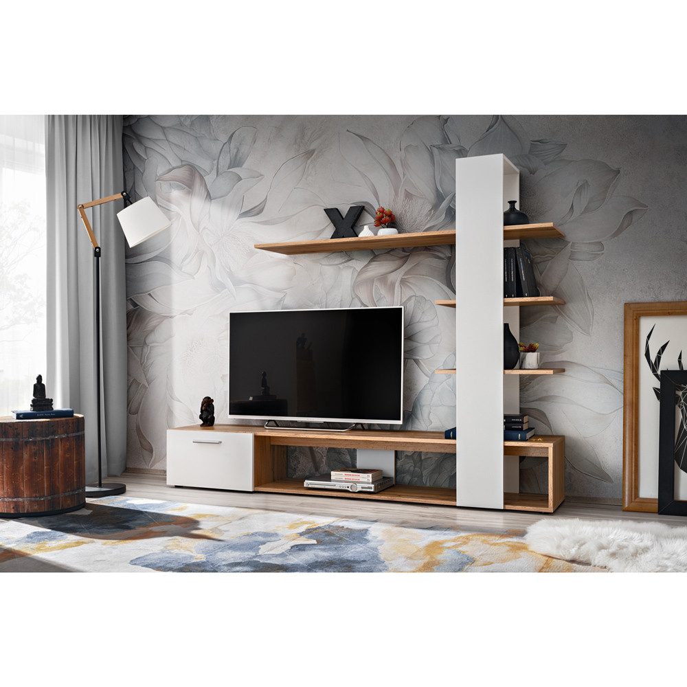 Lomadox Wohnwand EIBAR-164, in Wotan Eiche mit Weiß, 190 cm, TV-Schrank, Regal