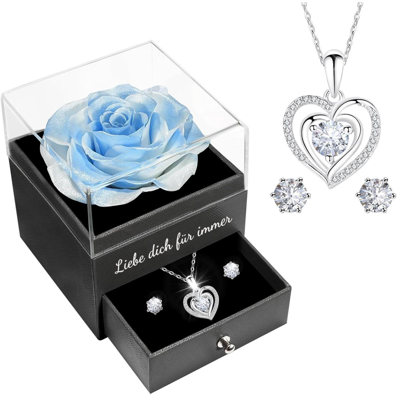 LuxusKollektion Ohrring und Ketten Set Rosen Geschenkbox Halskette Ohrringe 925 Silber Weiß+blau