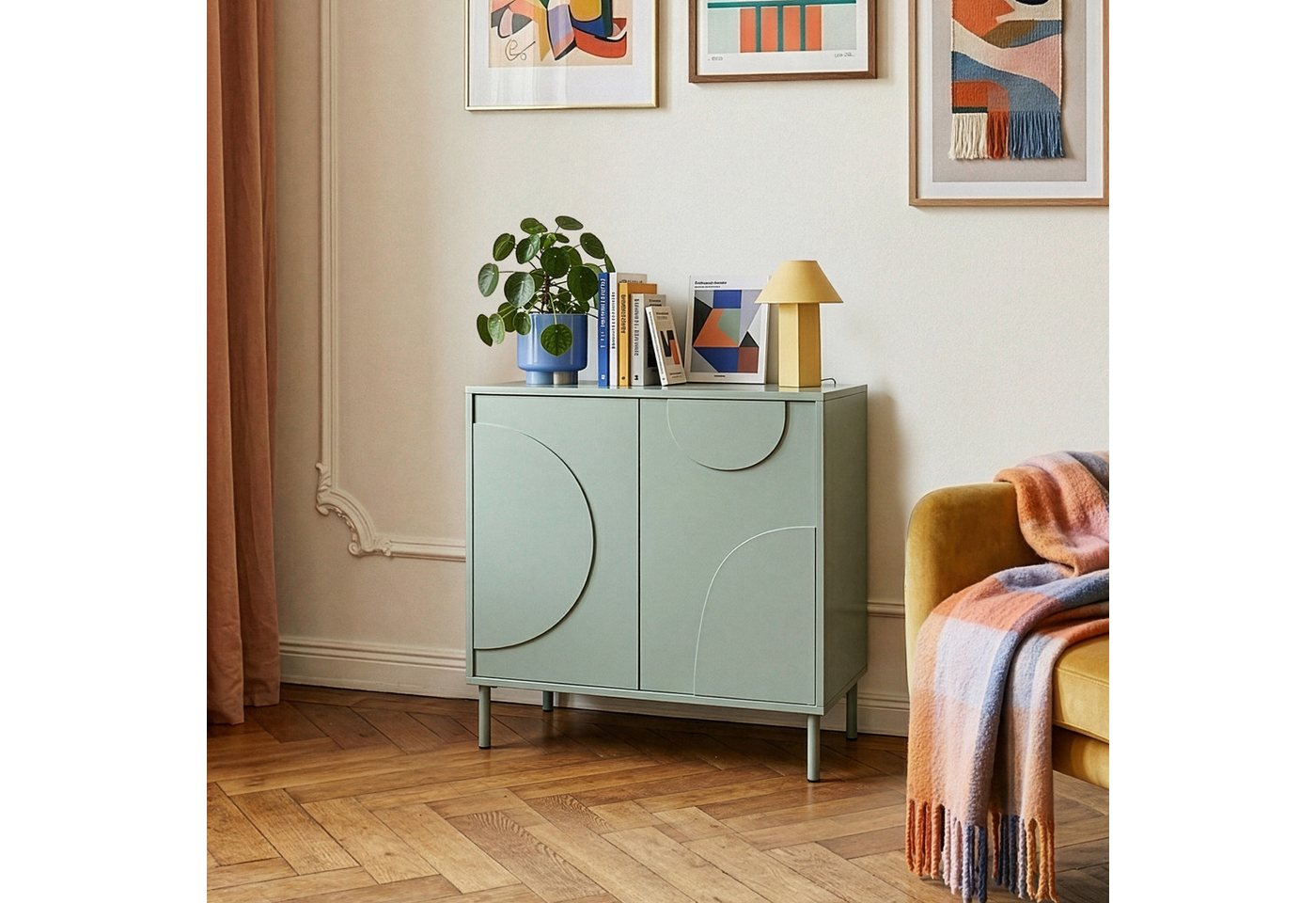 en.casa Sideboard, »Holea« mit 2 Türen Push-to-Open 75x70x34 cm Salbeigrün