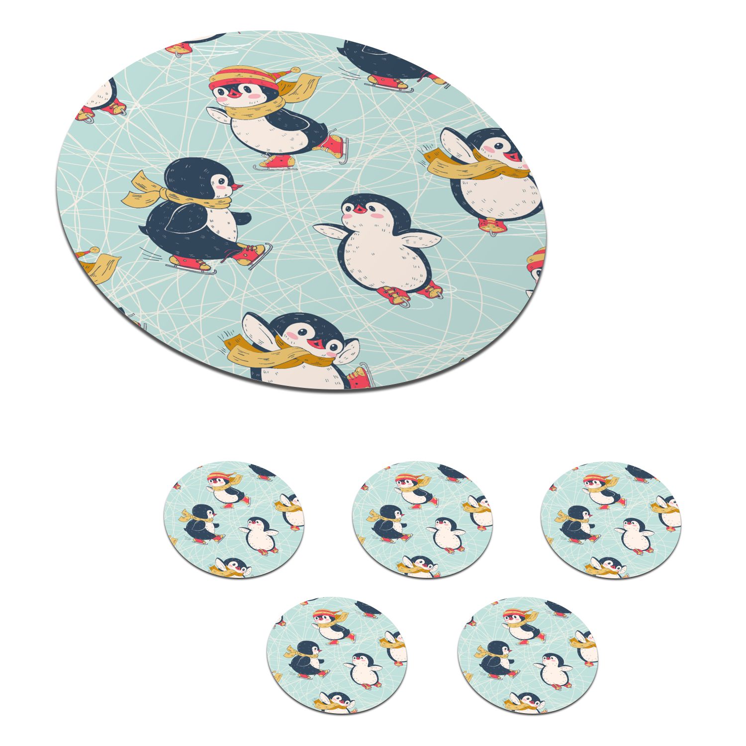 MuchoWow Glasuntersetzer Kinder - Pinguin - Schlittschuhe - Winter - Muster, Zubehör für Gläser, 6-tlg., Getränkeuntersetzer, Tassenuntersetzer, Korkuntersetzer, Tasse, Becher