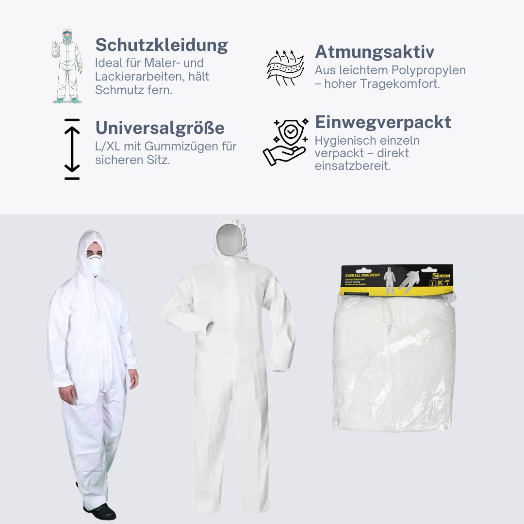 RACEL Arbeitsoverall Einwegoverall Schutzanzug Maler Lackierer weiß atmungsaktiv M‑XL (1-tlg) Leicht, atmungsaktiv
