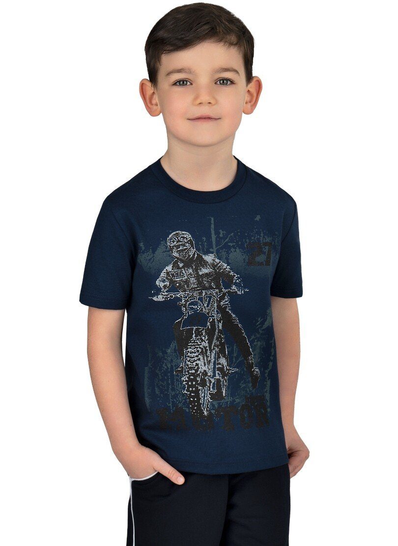 T-Shirt night-blue mit T-Shirt TRIGEMA Trigema coolem Jungen Motorrad-Motiv