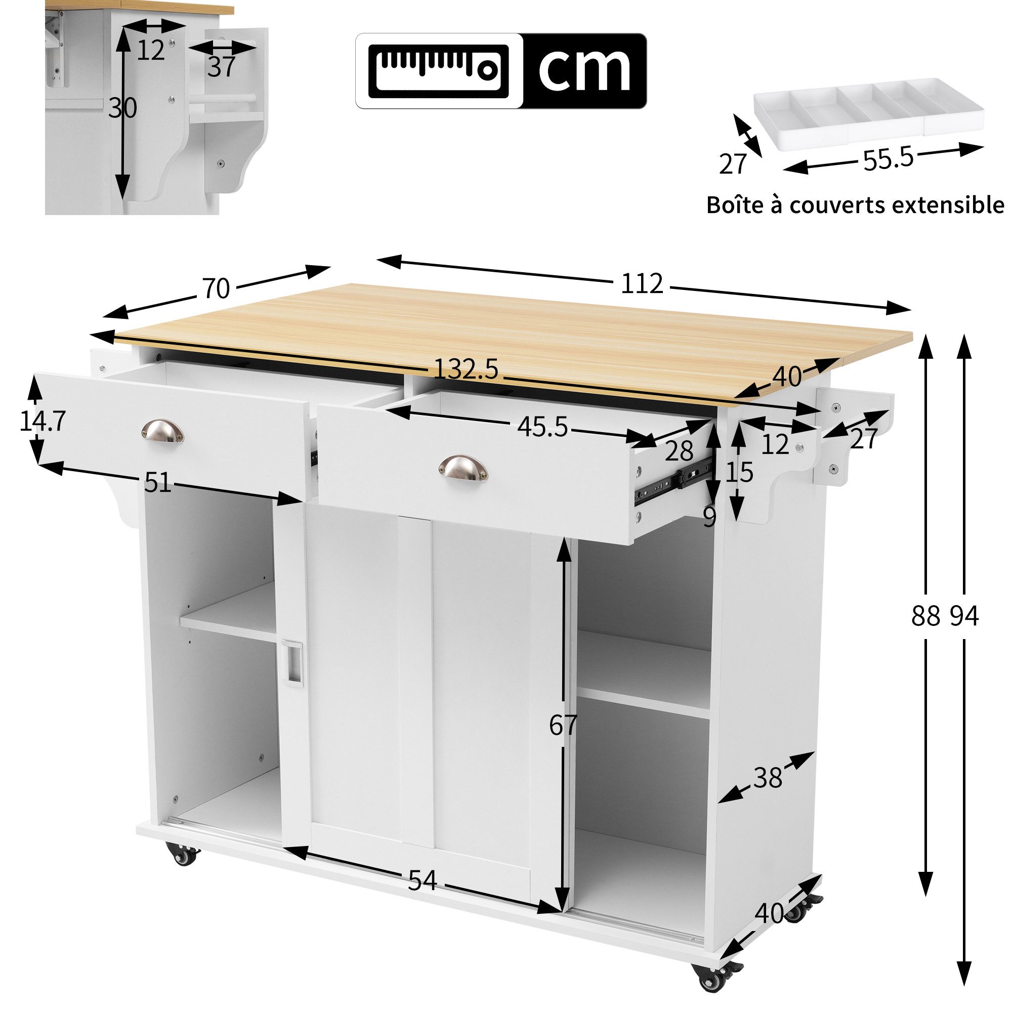 Odikalo Anrichte Esszimmerwagen klappbare Arbeitsplatte austauschbaren Massivholzfüßen