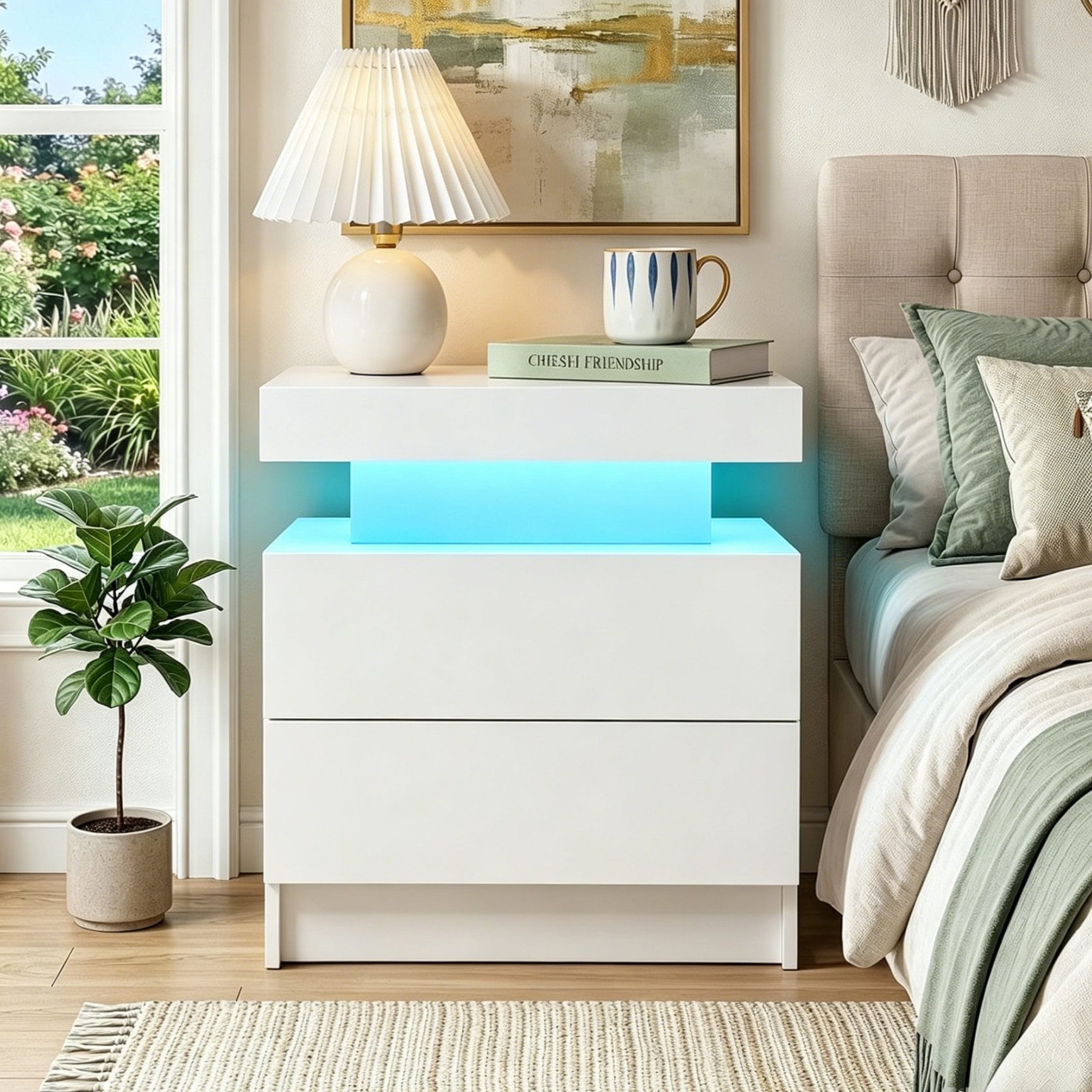 oyajia Nachttisch Hochglanz Nachtschrank mit 2 Schubladen,LED-Beleuchtung 16 Farben (Nachttisch mit LED Streifen, Beistelltisch), Nachttisch mit einstellbare Farben,Sofatisch, 45x35x55 cm Schwarz/Weiß