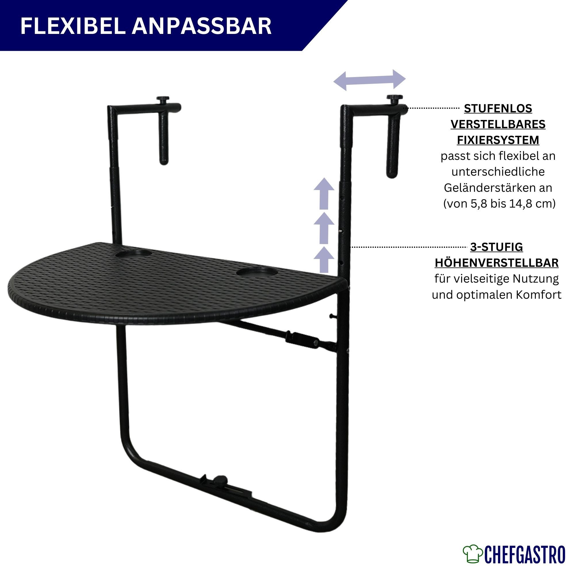 PROREGAL® Balkonhängetisch Balkontisch klappbar 60x40cm Rattan Optik Schwarz Metall Kunststoff, Wetterfester, 3-fach höhenverstellbarer Balkontisch zum Hängen – Bild 3 von 5