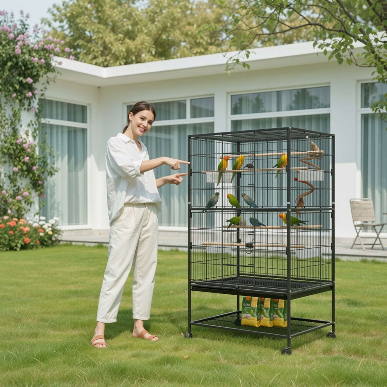 TLGREEN Vogelkäfig, Vogelvoliere groß, 132 x 78 x 52 cm, Vogelbauer mit Rol günstig online kaufen