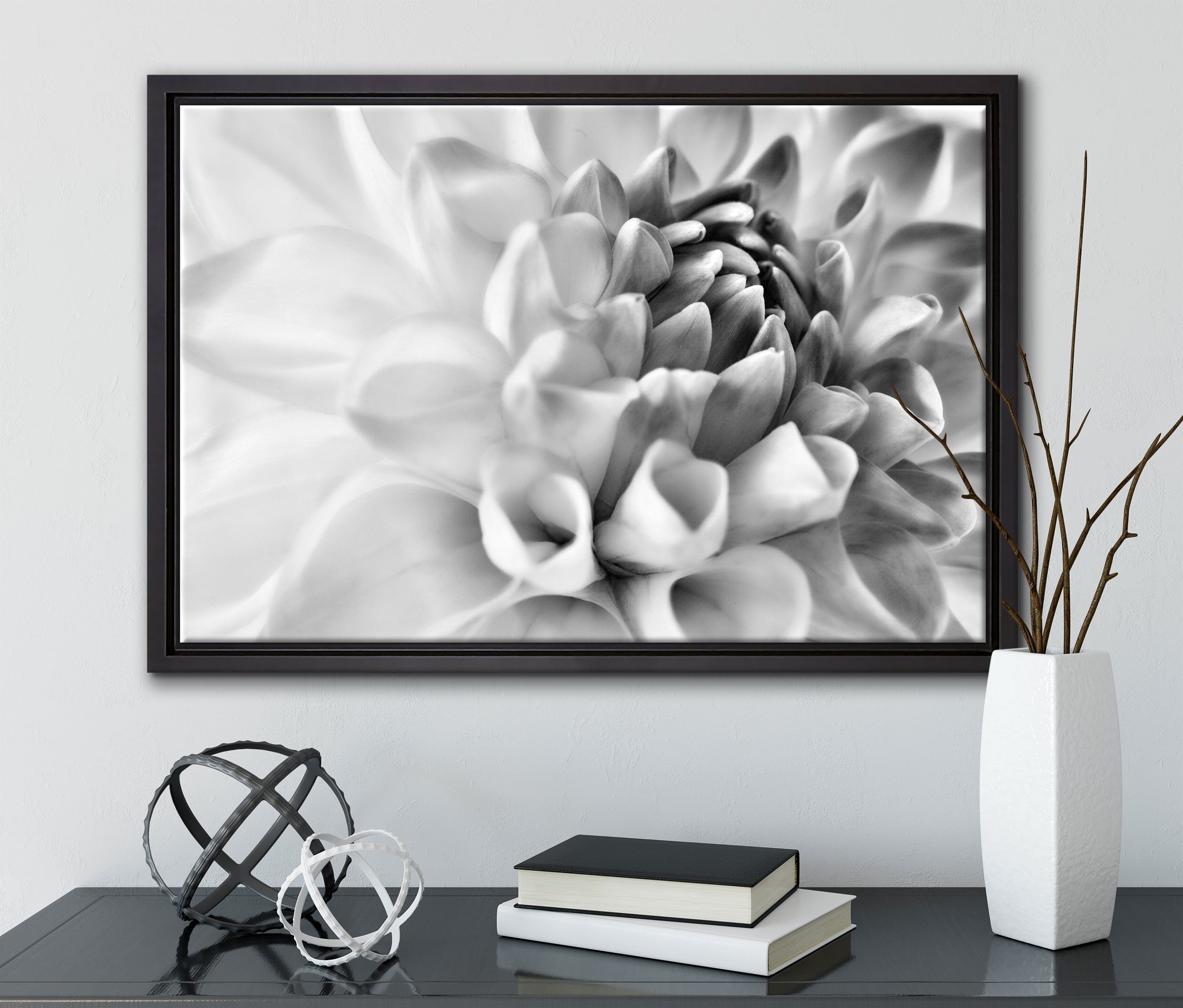 weiße (1 St), Traumhafte Schattenfugen-Bilderrahmen Wanddekoration in Pixxprint inkl. Blüte, einem Leinwandbild gefasst, Leinwandbild fertig Zackenaufhänger bespannt, lila