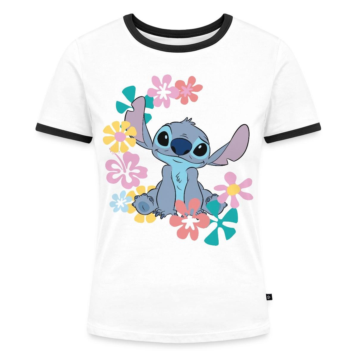 Spreadshirt T-Shirt Lilo & Stitch, Stitch Mit Hawaiianischen Blumen Frauen Kontrast T-Shi (1-tlg)