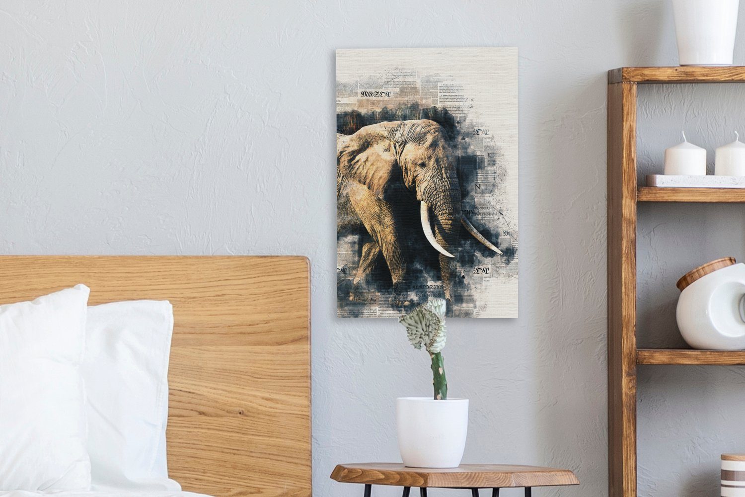 bespannt Elefant - (1 Farbe - inkl. Zackenaufhänger, 20x30 Leinwandbild St), Gemälde, fertig cm Zeitungspapier, Leinwandbild OneMillionCanvasses®