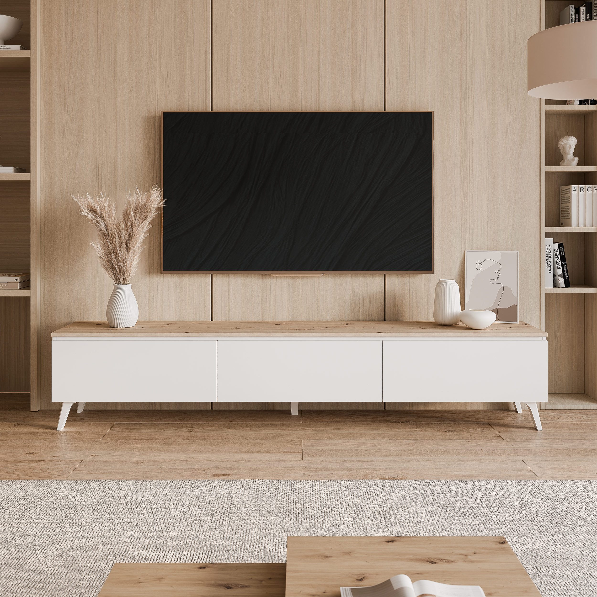 yourhouse24 Lowboard TV SELIA 200 in Weiß & Eiche auf Füßen – Skandinavischer Stil – Bild 2 von 5