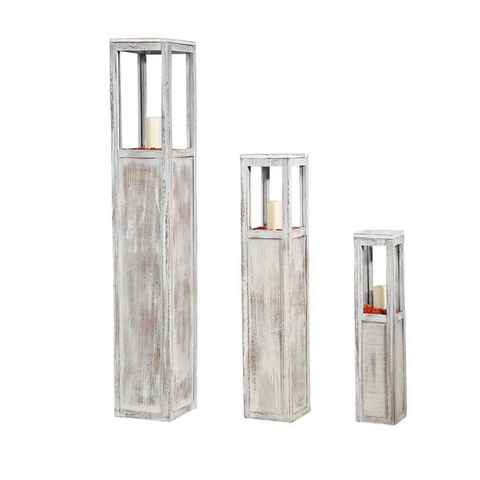 Melko Windlicht Windlichtset Laterne 3 Säulen Holzlaterne in Weiß, Beige oder Braun Kerzenhalter XXL Teelichthalter Dekoration (Set, 3), hochwertige Verarbeitung